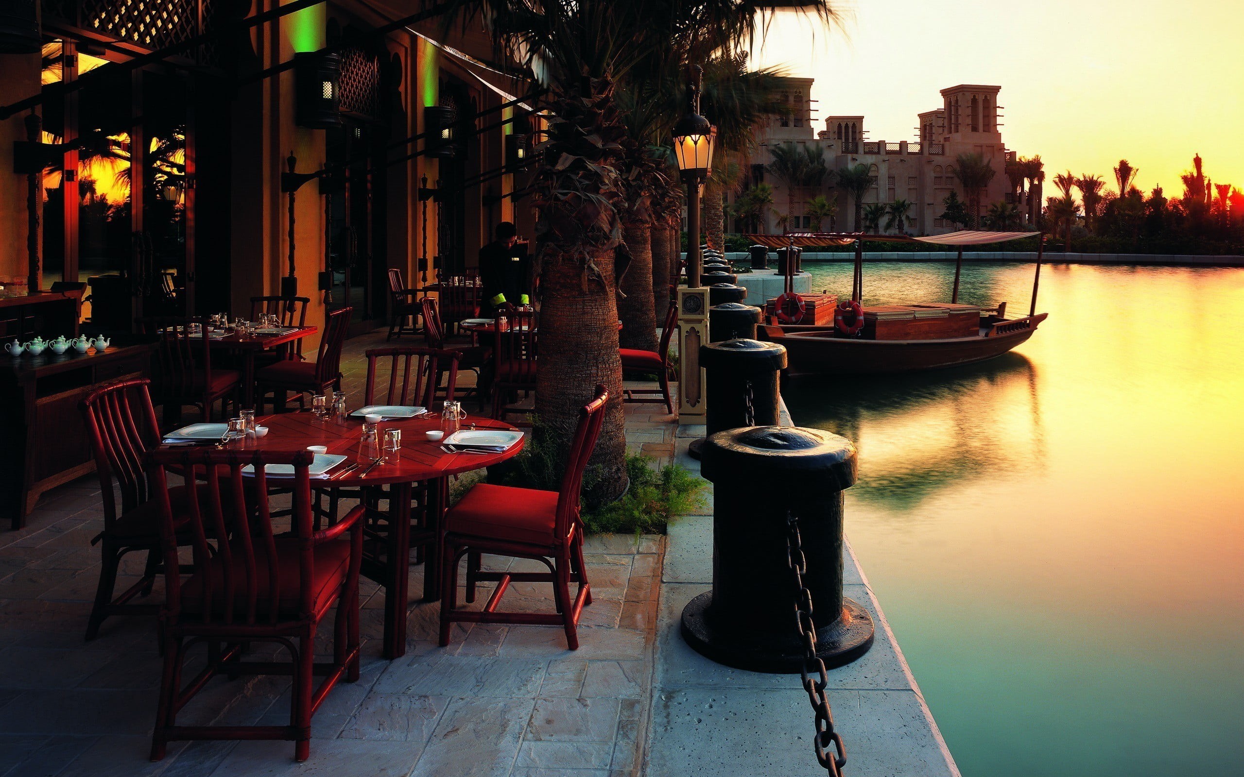 business, chair, restaurant, urban, architecture, canal, water, no people, wooden, river, building, nature, mode of transportation, city, built structure, HD Wallpaper