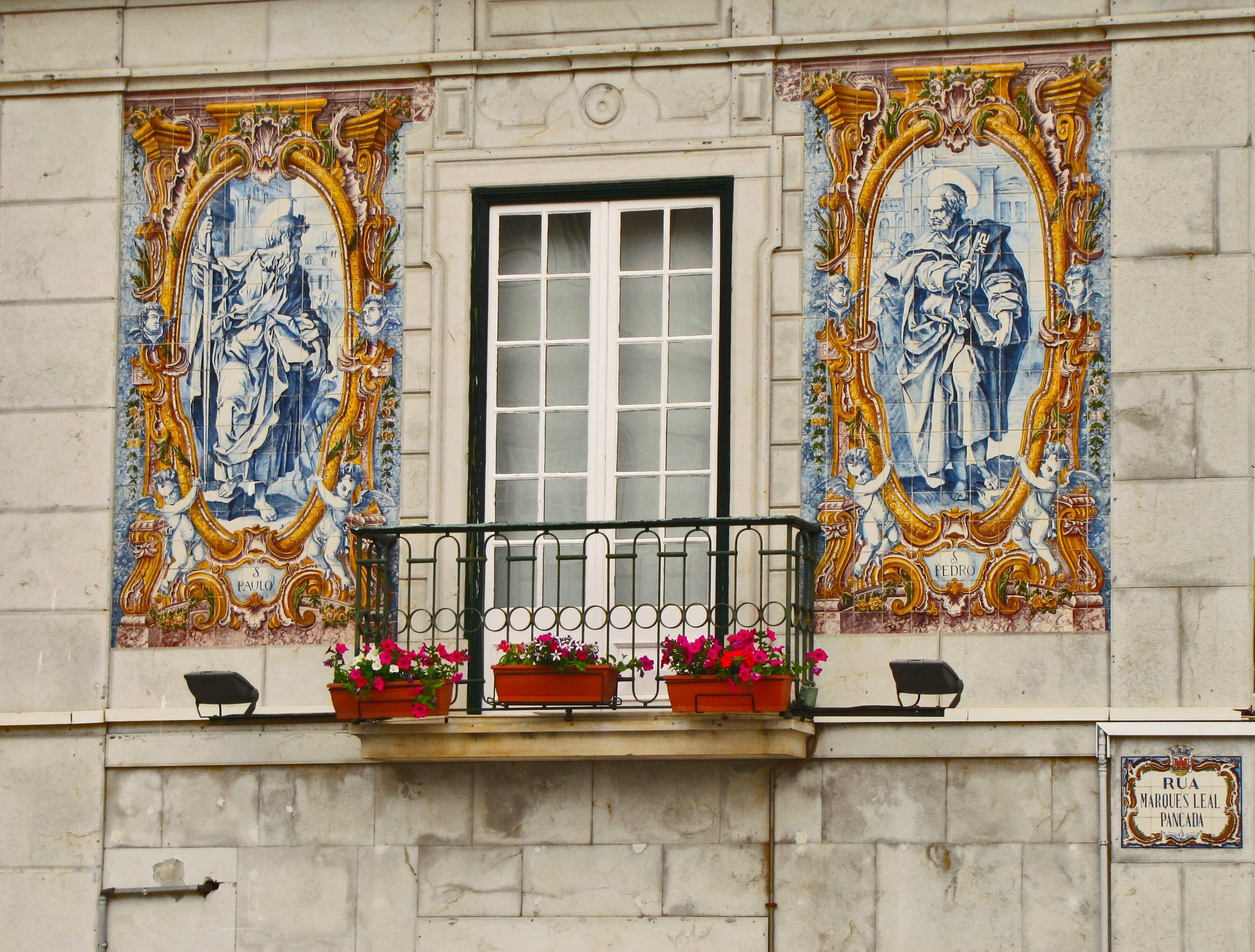 building, plant, tapestry, street, flowering plant, azulejo, art, white, building exterior, view, lisbon, on the street, the façade of the, azulezhu, windowpane, HD Wallpaper
