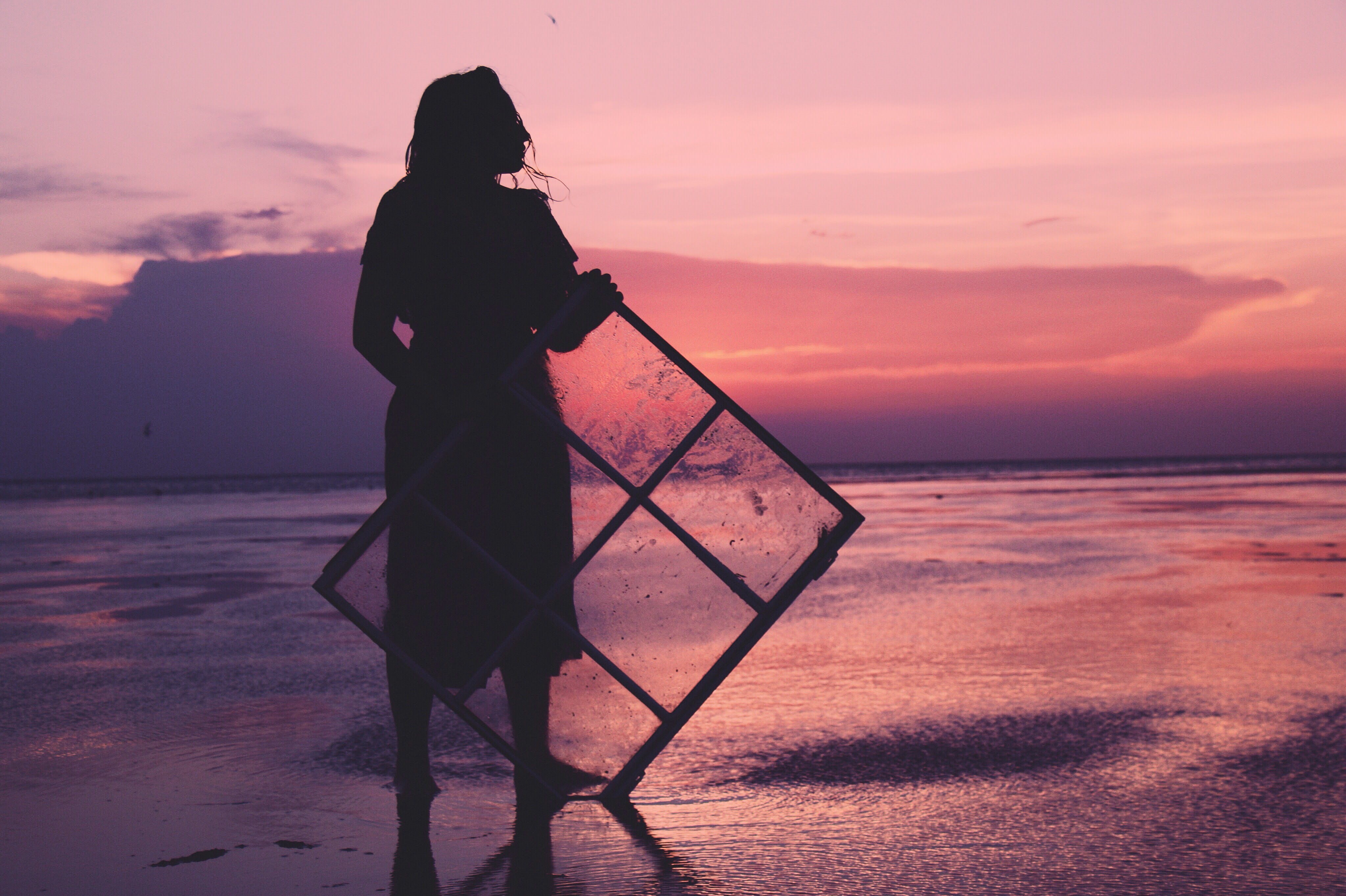 beauty in nature, golden, hour, full length, panel, standing, holding, sea, land, female, horizon, one person, outdoors, silhouette, windowpane, sky, nature, HD Wallpaper