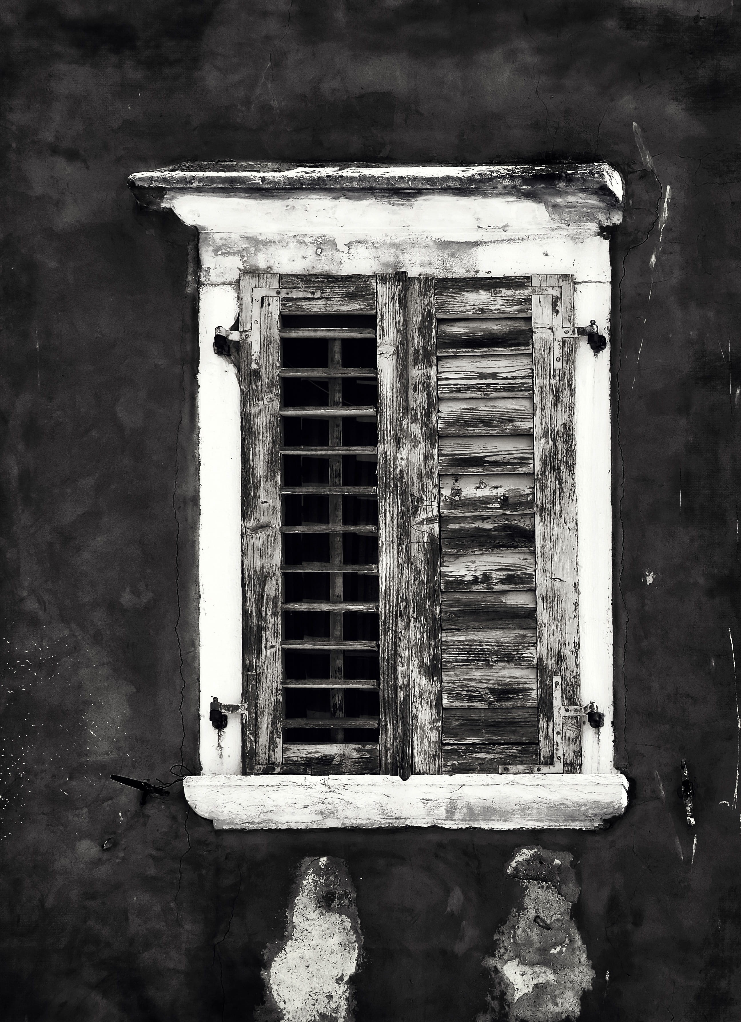 monochrome, venetian blind, blind, grayscale, ruined, connection, decline, wall, light, architecture, contrast, abandoned, worn, building, bad condition, Phone HD Wallpaper