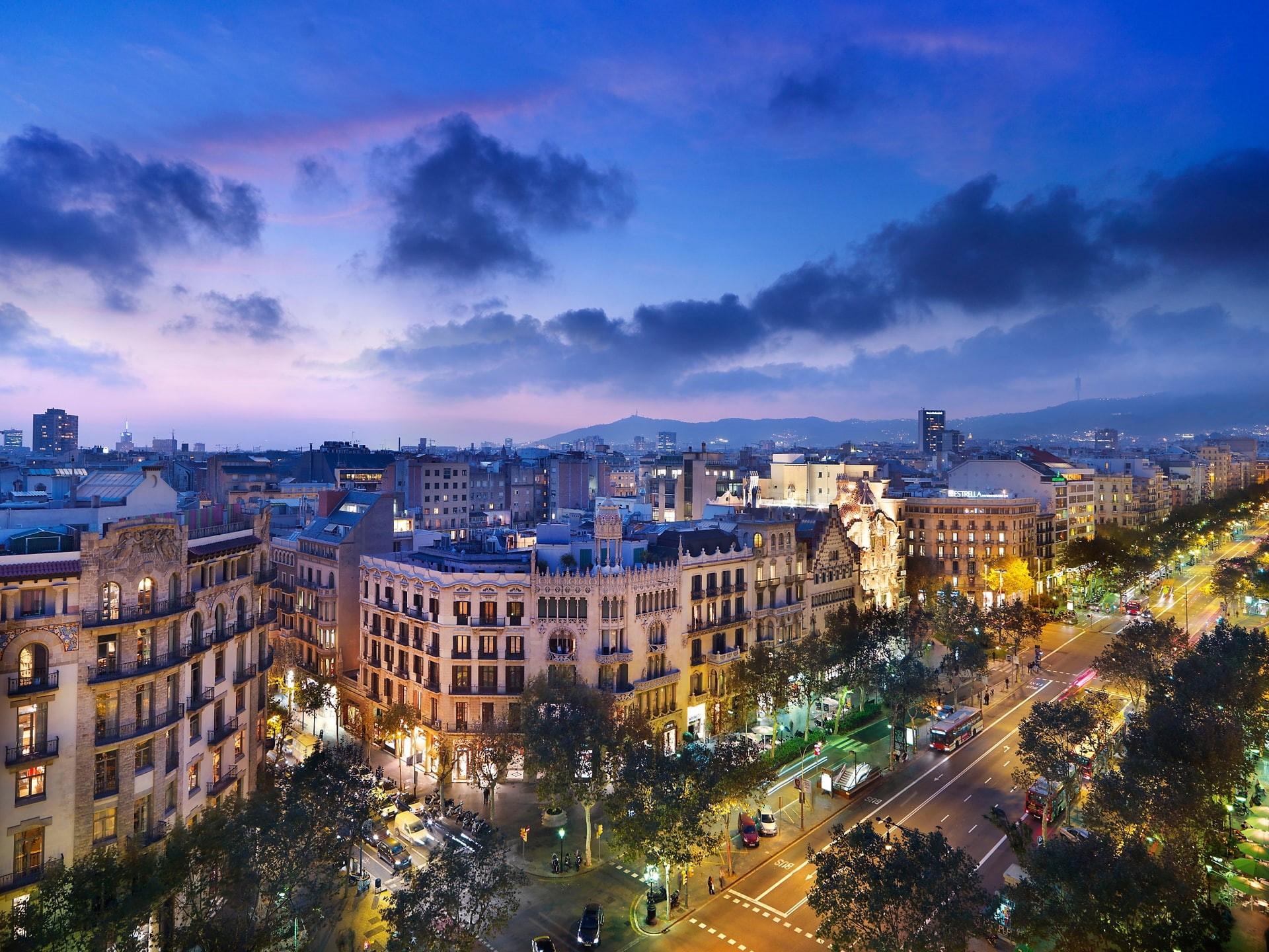 Spain, Architecture, Barcelona, Lights, City, Road, Street, 1080P, Night, Clouds, HD Wallpaper