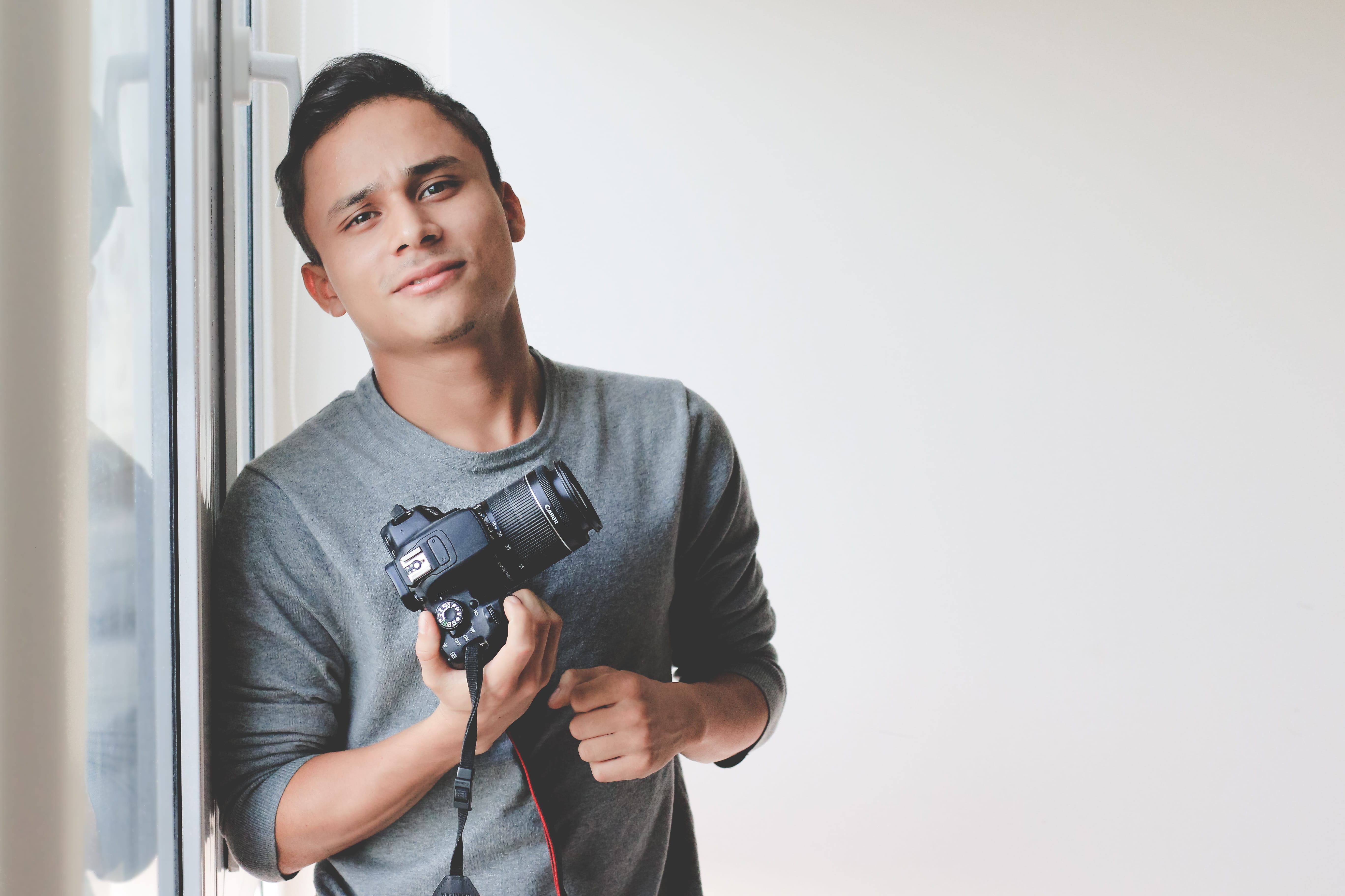 photographic equipment, standing, looking at camera, front view, windowpane, photographing, digital camera, portrait, slr camera, photographer, casual clothing, HD Wallpaper