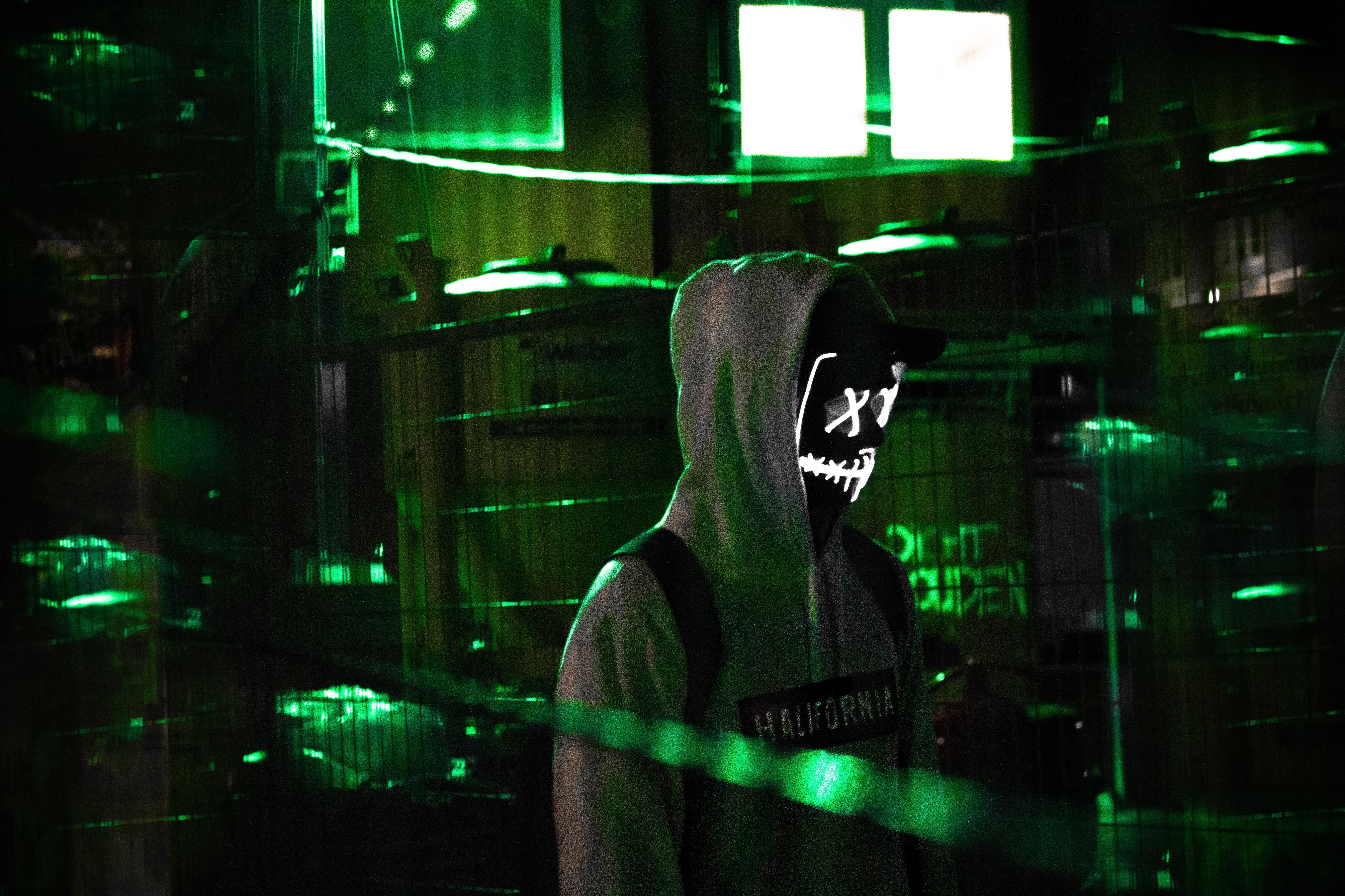 obscured face, portrait, wearing, window, architecture, one person, adult, colours, led lights, waist up, man, digital composite, night, illuminated, cap, HD Wallpaper