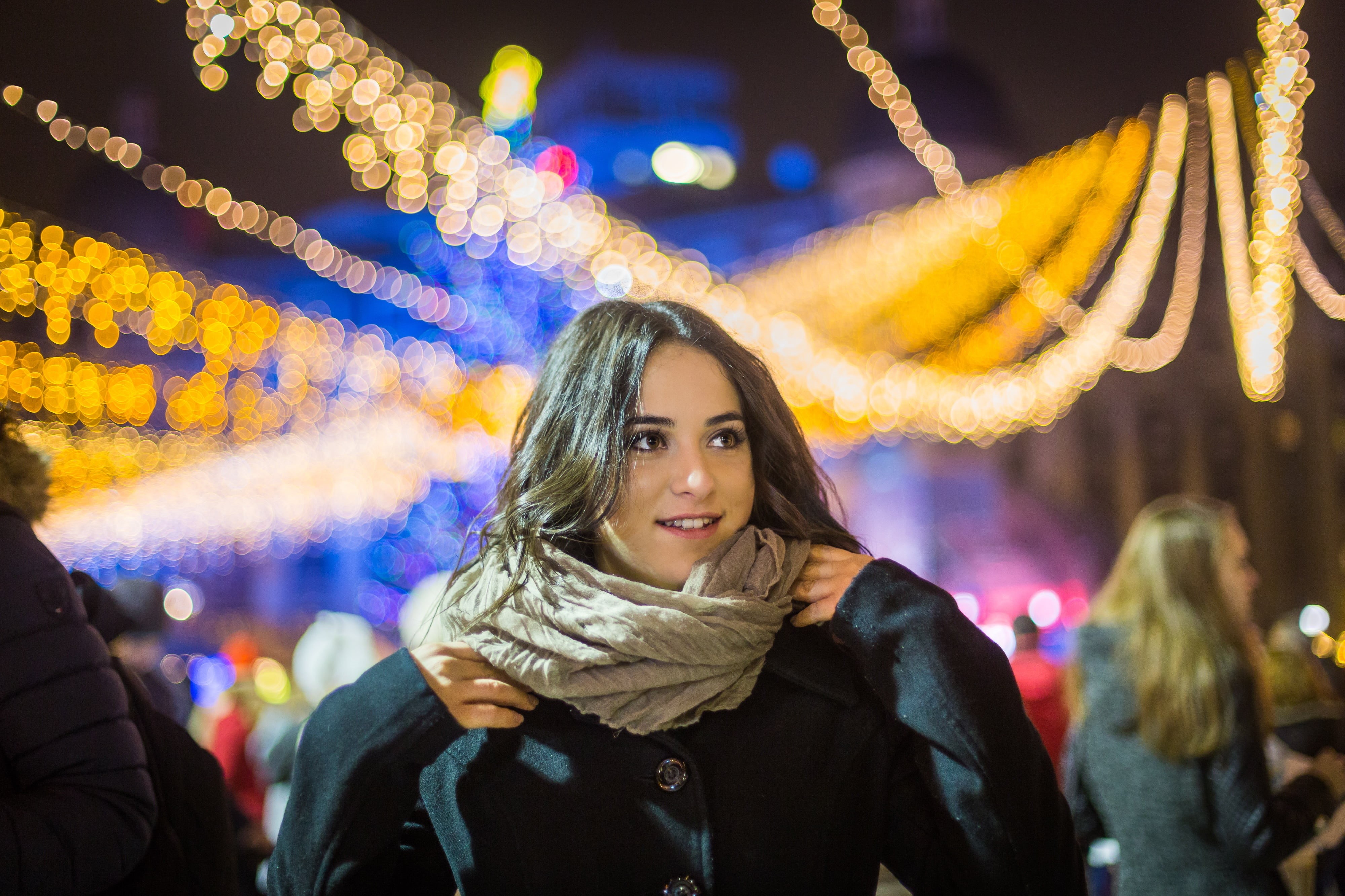 smiling, lighting Equipment, night, wearing, winter, hair, lights, in relation to, person, happiness, caucasian Ethnicity, young women, bokeh, 4K, black, HD Wallpaper