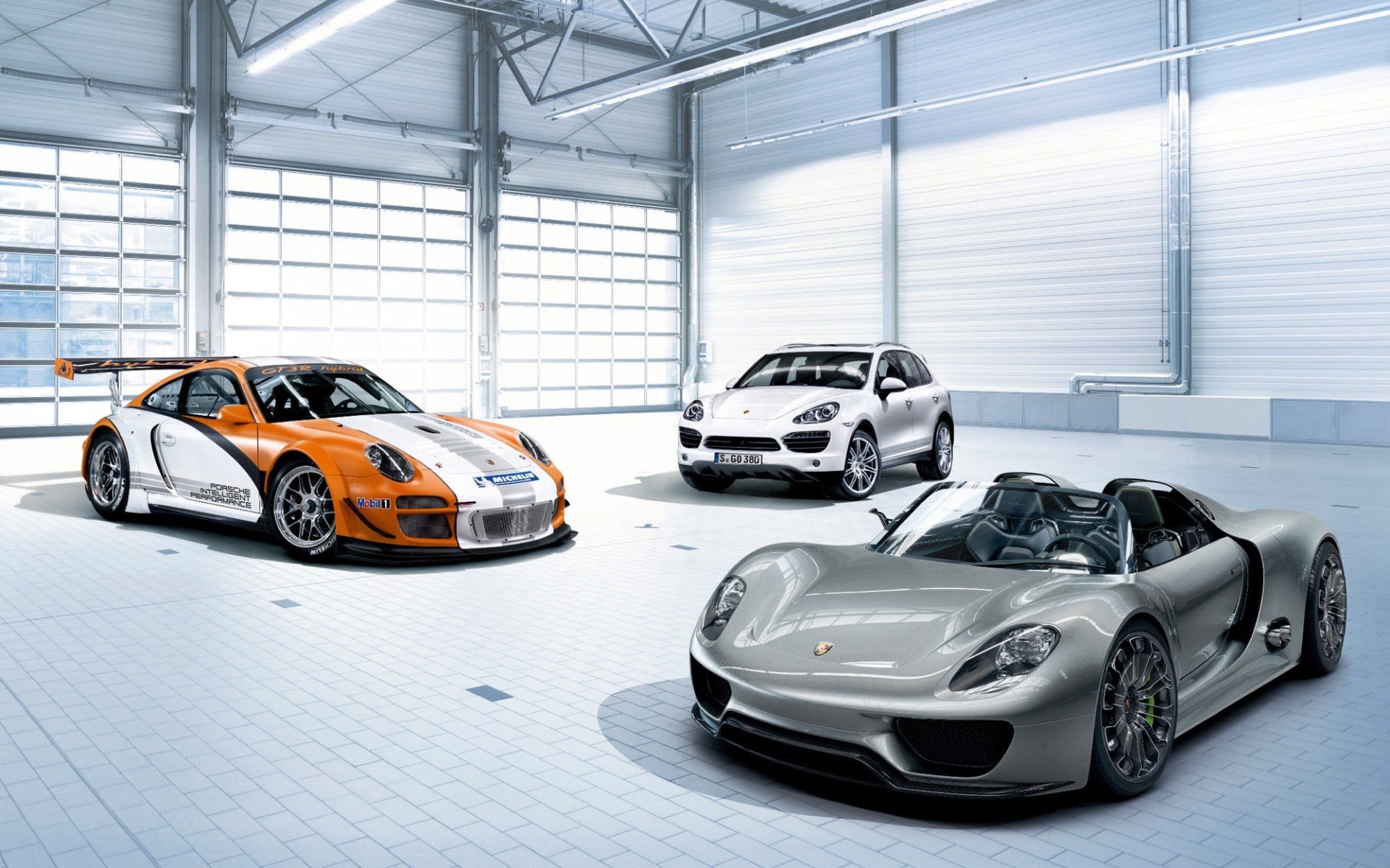 gray, luxury, Porsche 918 Spyder, material, Porsche Cayenne, Porsche 911 GT3, industry, architecture, car dealership, car, three, automobile industry, land vehicle, HD Wallpaper