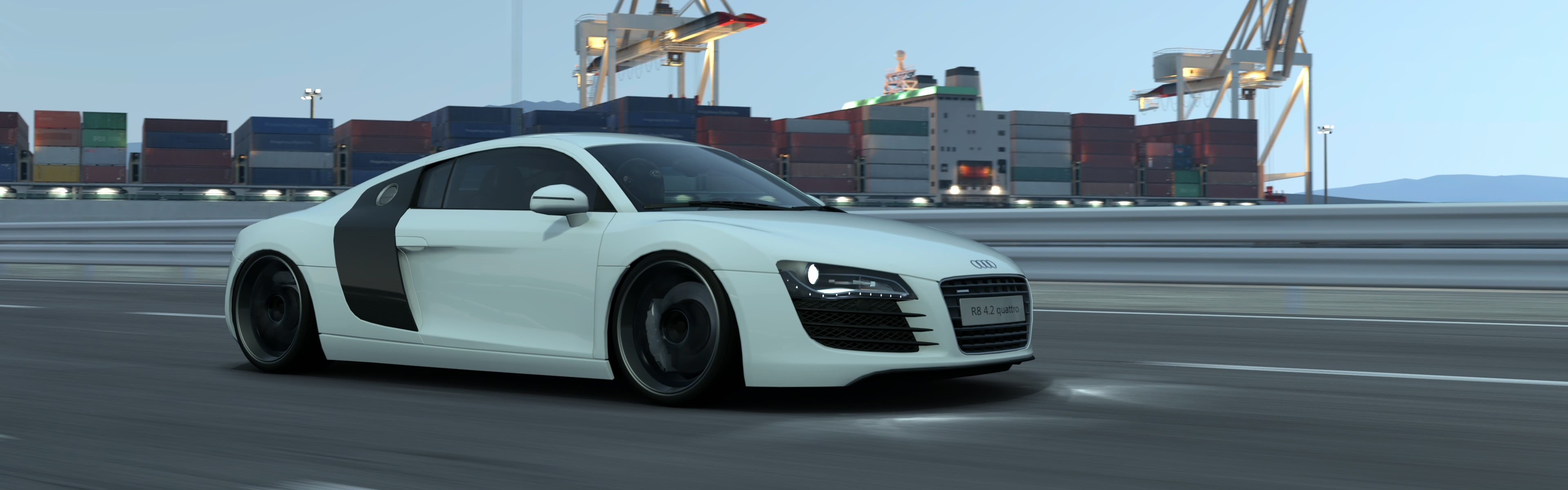 blue, motor vehicle, luxury, wealth, outdoors, mode of transportation, coupe, modern, road, street, architecture, video games, wheel, speed, dual monitors, HD Wallpaper