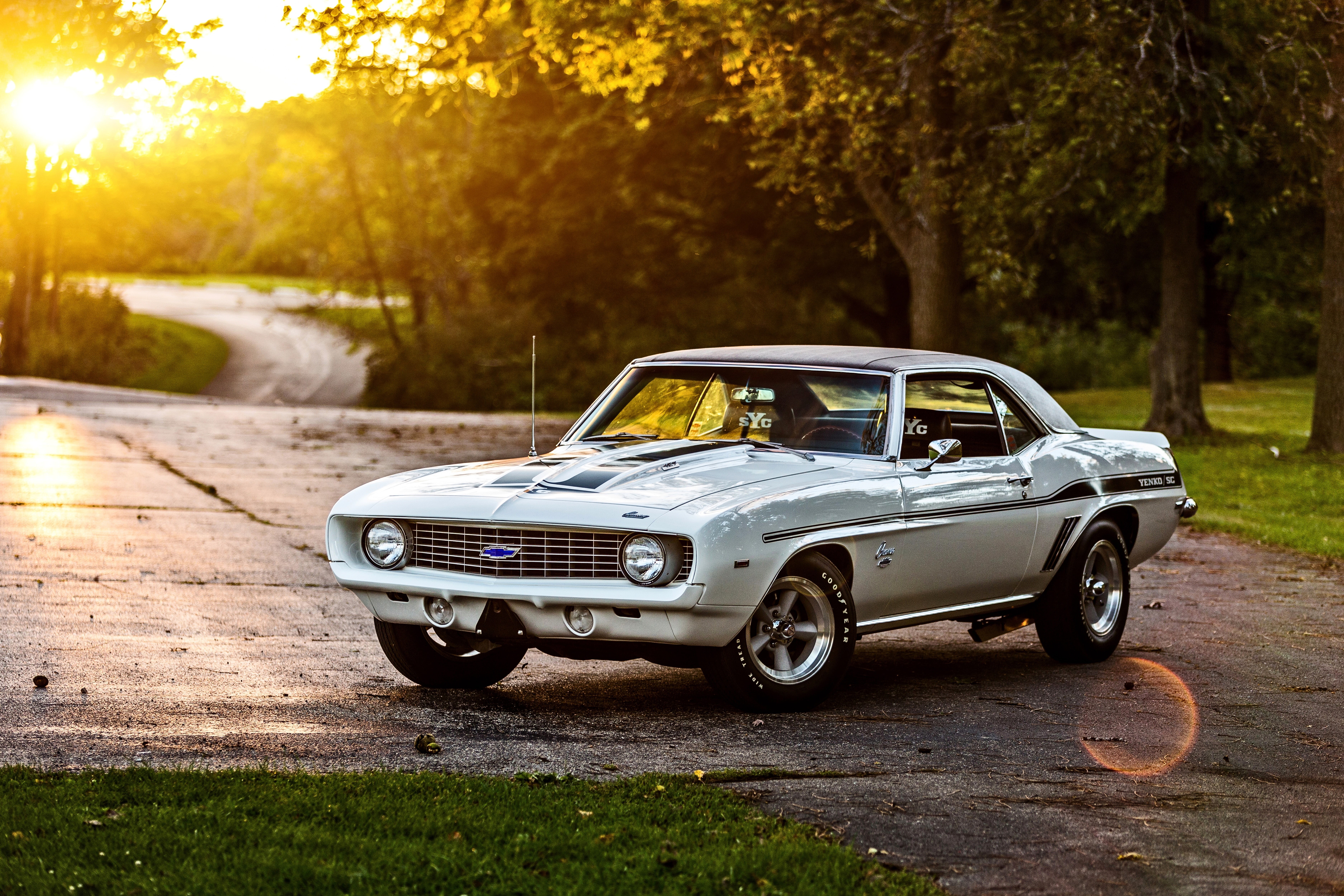 nature, American cars, car, motor vehicle, focus on foreground, street, sunset, Chevrolet, transportation, 5K, outdoors, 1969 Chevrolet Camaro Yenko SC 427, HD Wallpaper