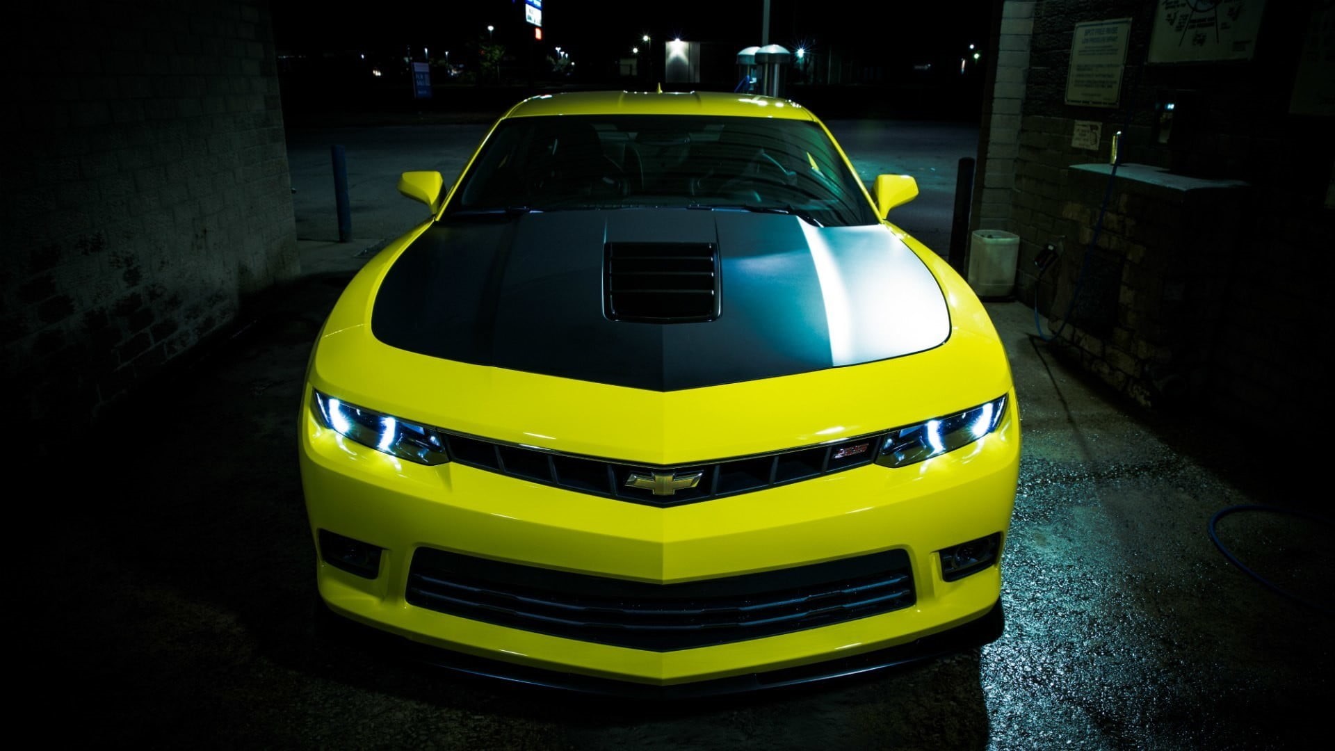 architecture, mode of transportation, outdoors, no people, black, land vehicle, road, illuminated, night, street, chevrolet, close-up, camaro, city, built structure, HD Wallpaper