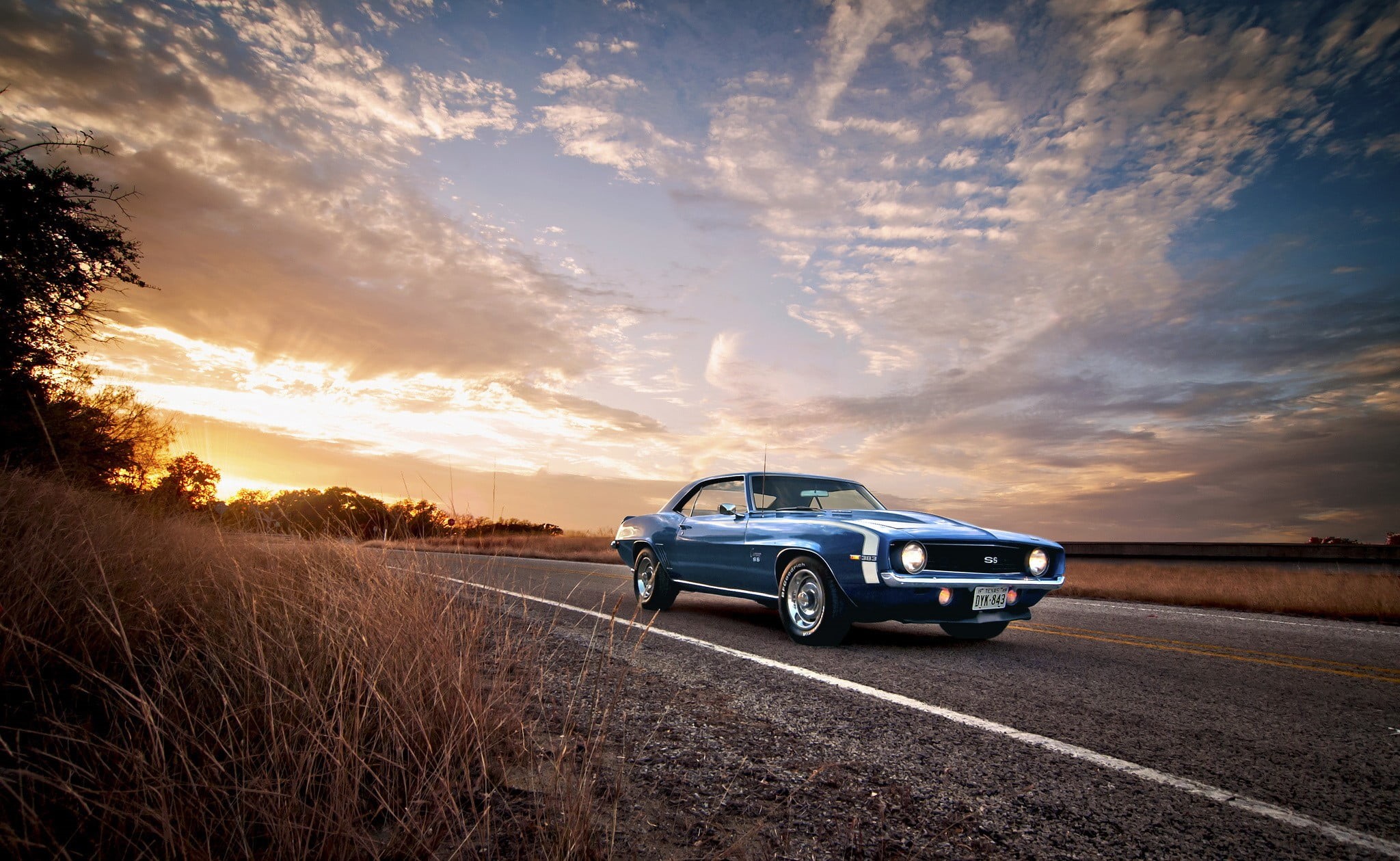 car, plant, blue cars, environment, muscle cars, beauty in nature, motor vehicle, mode of transportation, sunset, Chevrolet Camaro, 1080P, road, sports car, HD Wallpaper