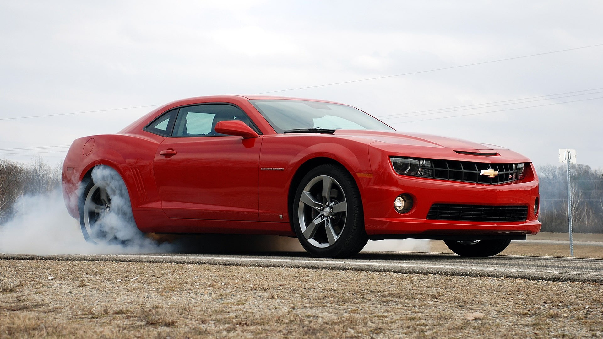 road, 1080P, sky, outdoors, Chevrolet Camaro, vehicle, mode of transportation, motor vehicle, speed, wheel, pollution, red cars, red, no people, cloud - sky, HD Wallpaper
