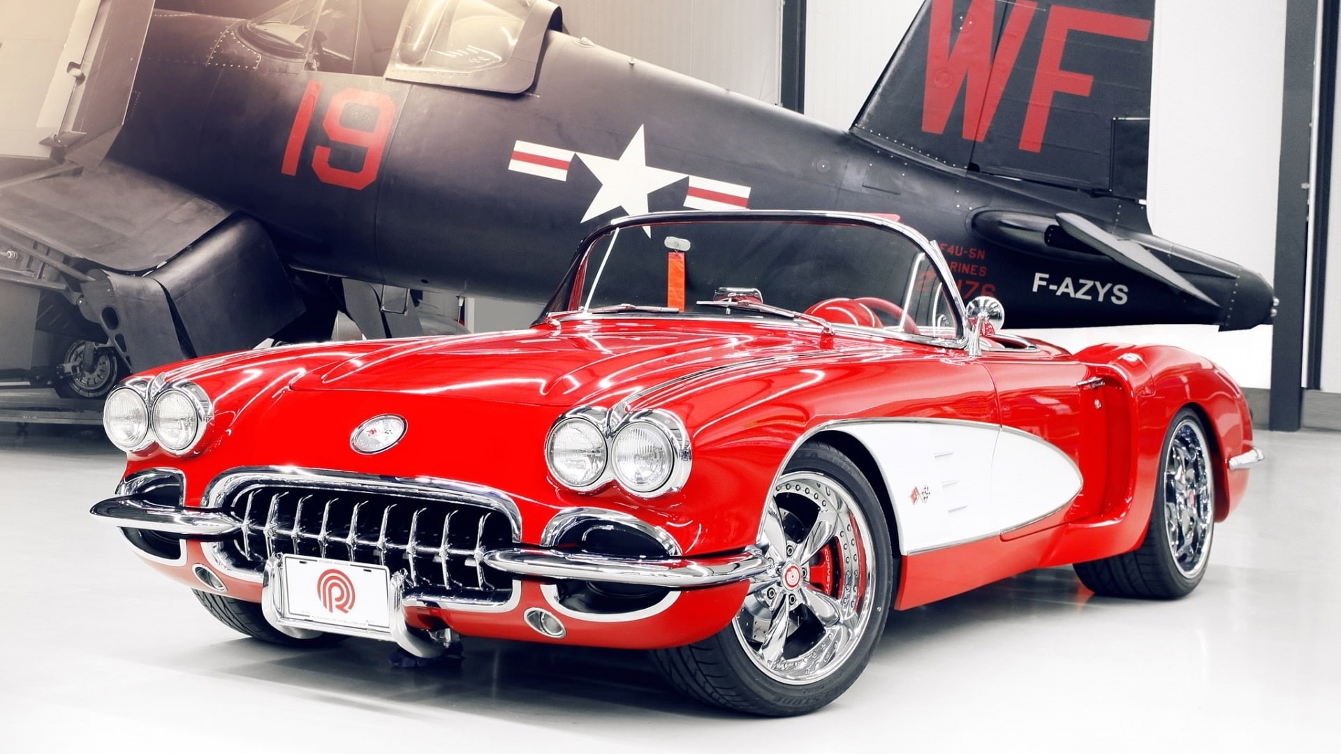 red, coupe, 1080P, chevrolet, airplane, car, corvette, cars, classic, hd, plane, convertible, HD Wallpaper