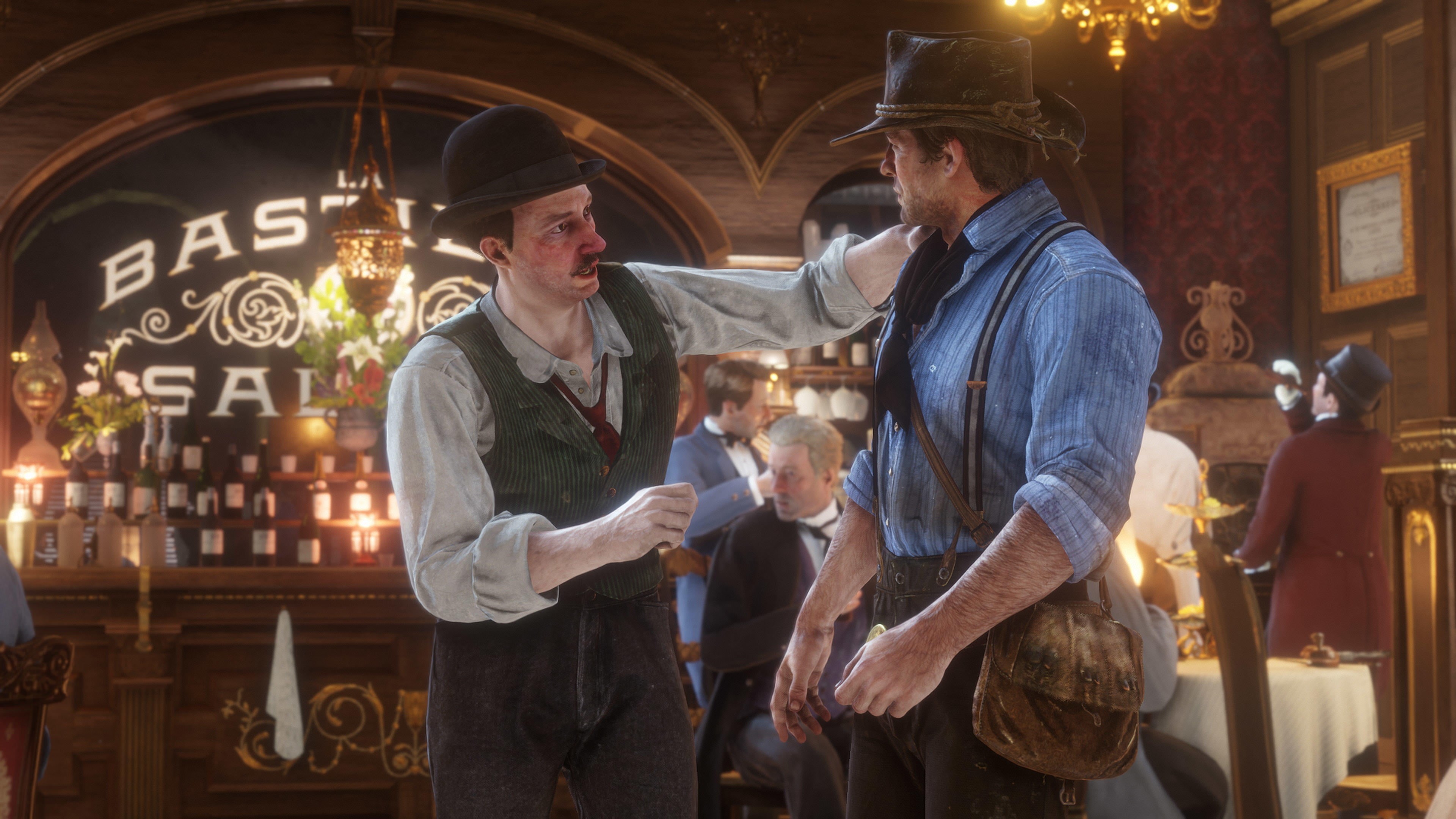 Rockstar Games, alcohol, togetherness, happy hour, food and drink, standing, smiling, three quarter length, Red Dead Redemption, holding, young men, drinking, HD Wallpaper