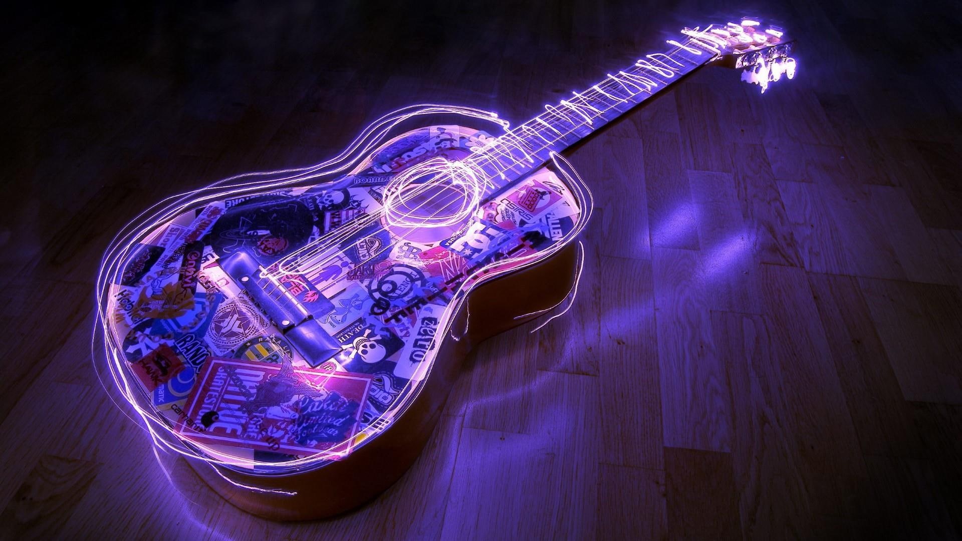 guitar, 3d, led lights, hd, 1080P, music, HD Wallpaper