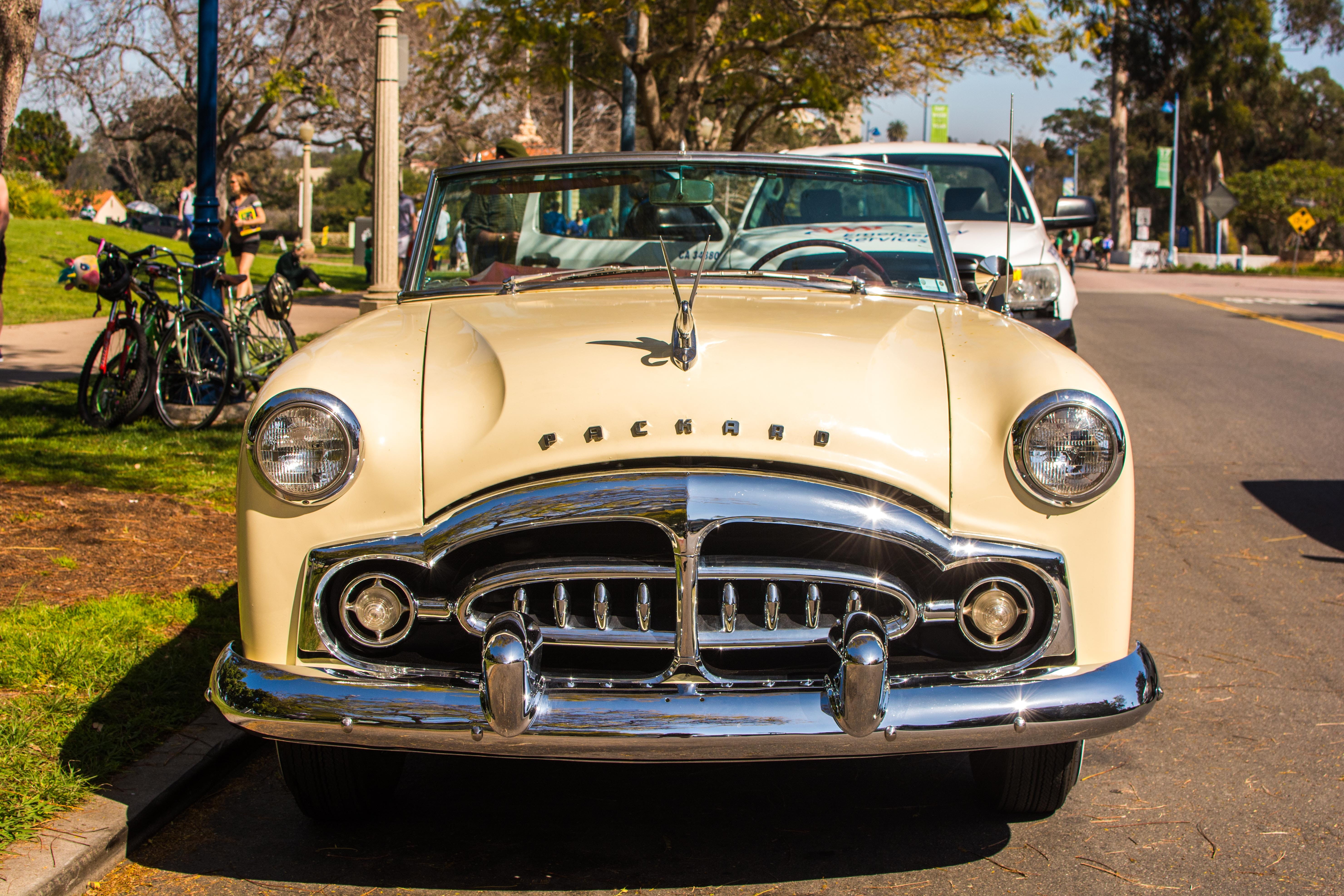 motor vehicle, vintage car, balboa park, no people, united states, stationary, road, day, 5K, old, street, ancient, silver colored, cali, metal, luxury, HD Wallpaper