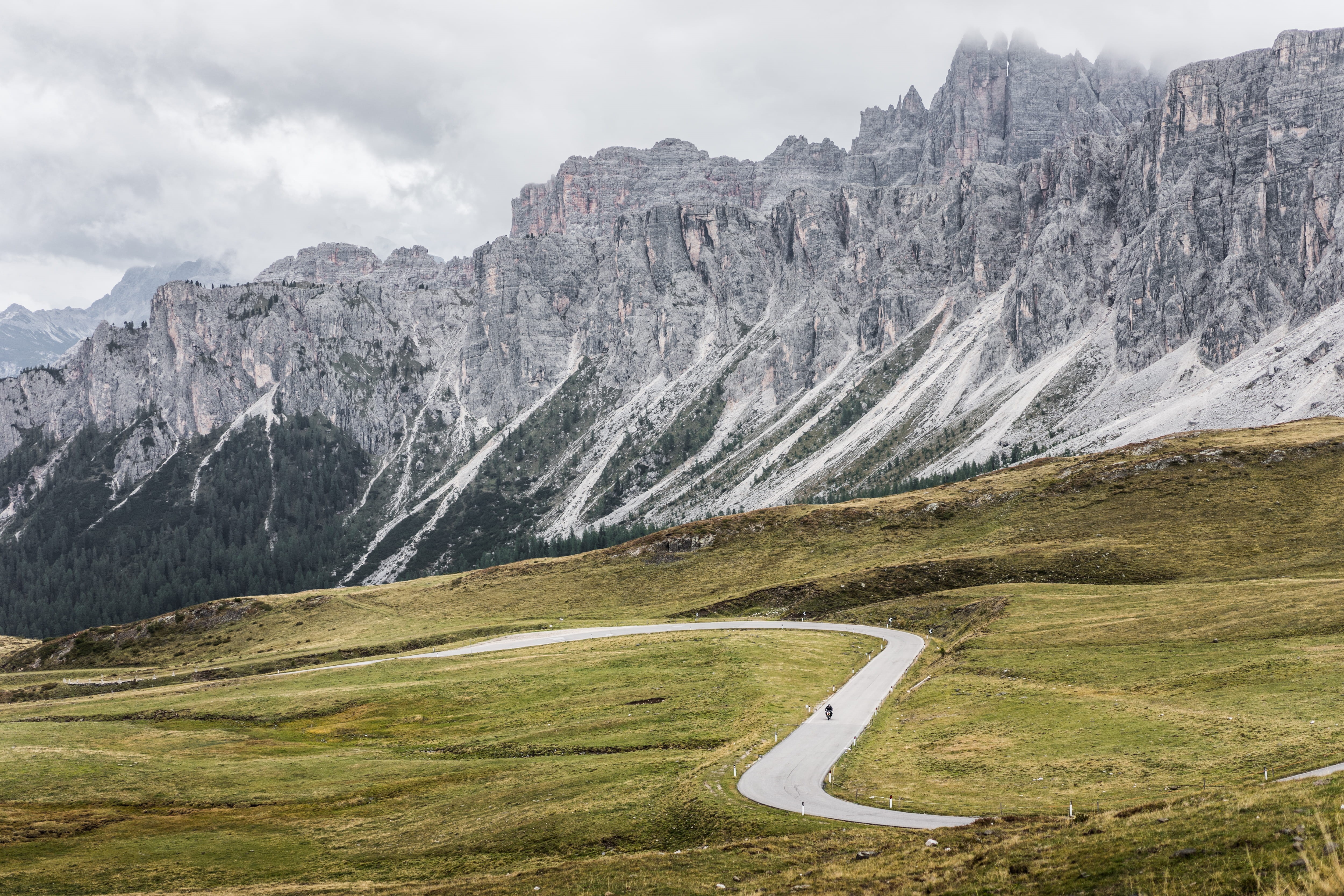 motorbikes, mountain, south tyrol, sky, road, giau pass, alpine roads, driving, mountain range, mountain road, pleasure, ride, dolomites, curves, beauty in nature, HD Wallpaper