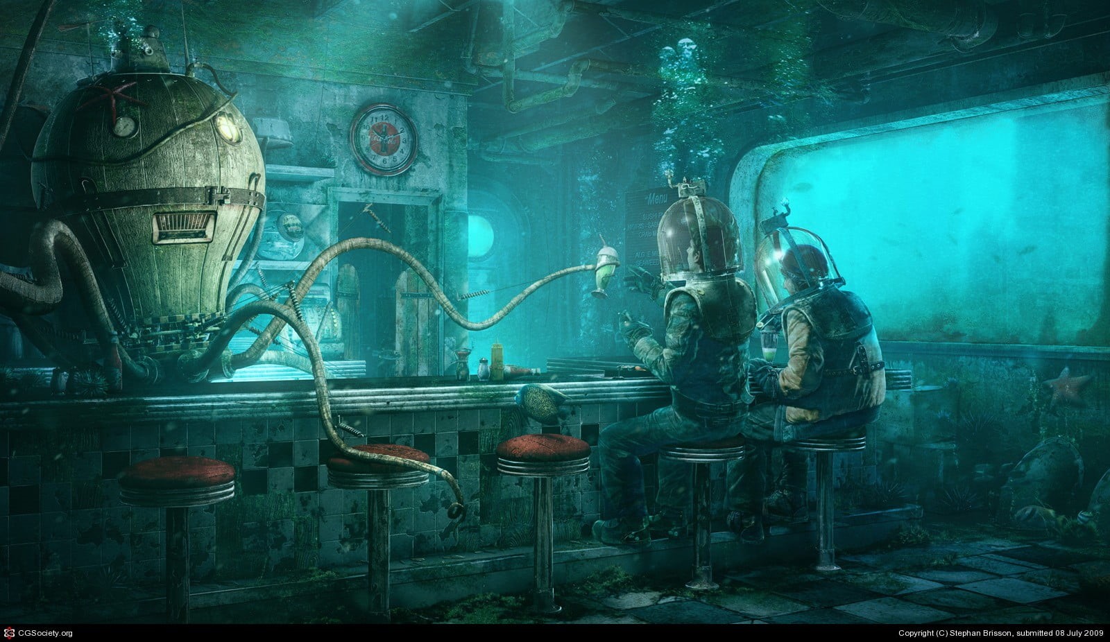 two people, robot, illustration, cyan, men, wall - building feature, octopus, built structure, people, fuel and power generation, full length, 720P, futuristic, HD Wallpaper