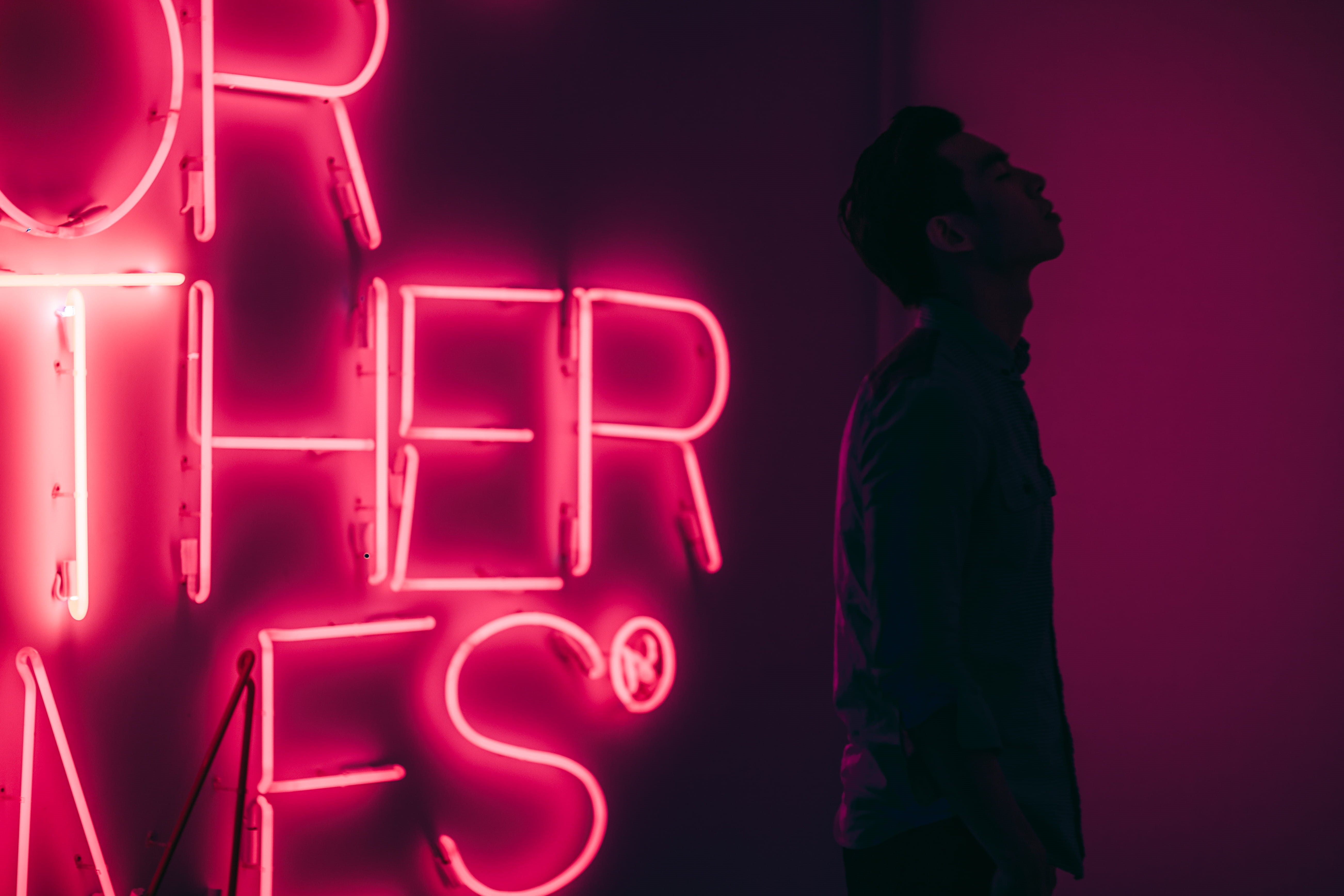 man, 5K, people, concepts, dark, font, portrait, person, red, led, mood, light - Natural Phenomenon, feeling, symbol, city, communication, one Person, HD Wallpaper
