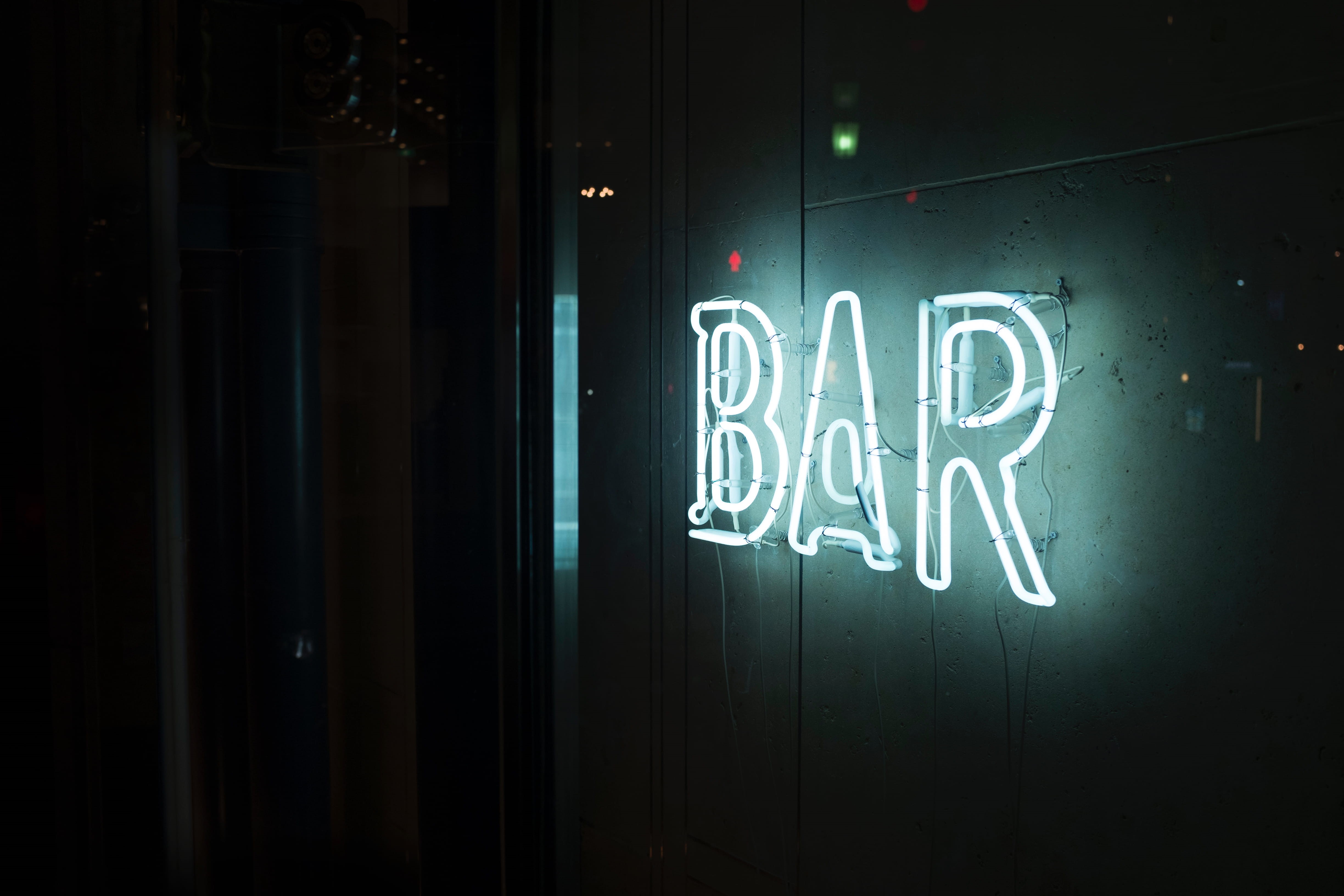 lighting equipment, window, architecture, communication, Bar, entrance, business, city, illuminated, glowing, indoors, door, glass - material, night, 4K, HD Wallpaper
