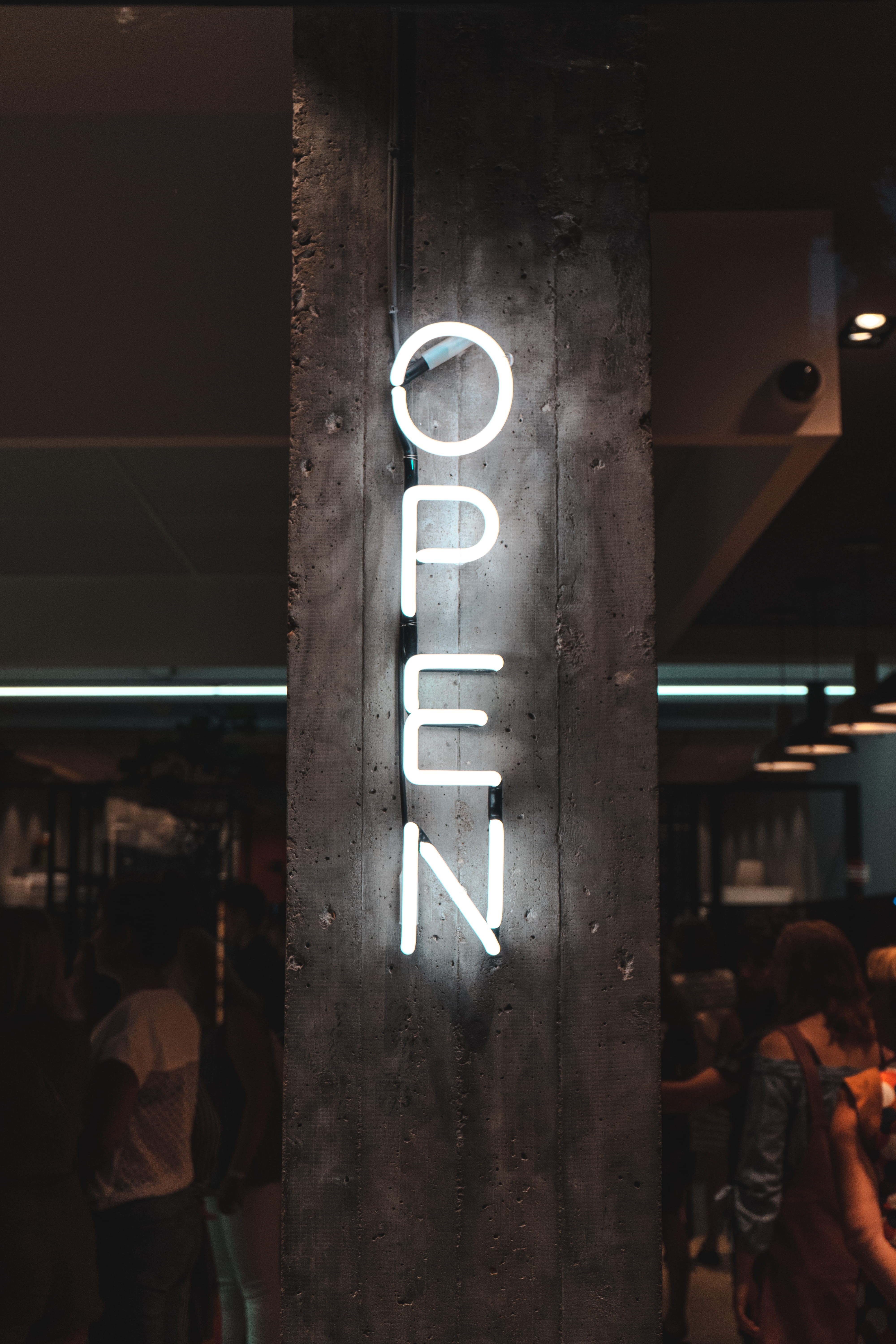 urbex, business, discover, illuminated, shop, light, neon, white, minimal, typography, people, text, streetart, cement, night, store, 5K, open sign, typography deisgn, Phone HD Wallpaper