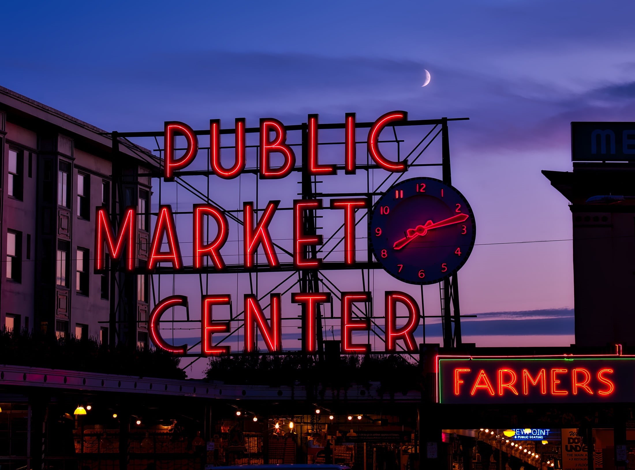 outdoors, landmark, architecture, market, dusk, building exterior, neon Light, center, public, pike place, illuminated, built structure, hdr buildings, HD Wallpaper