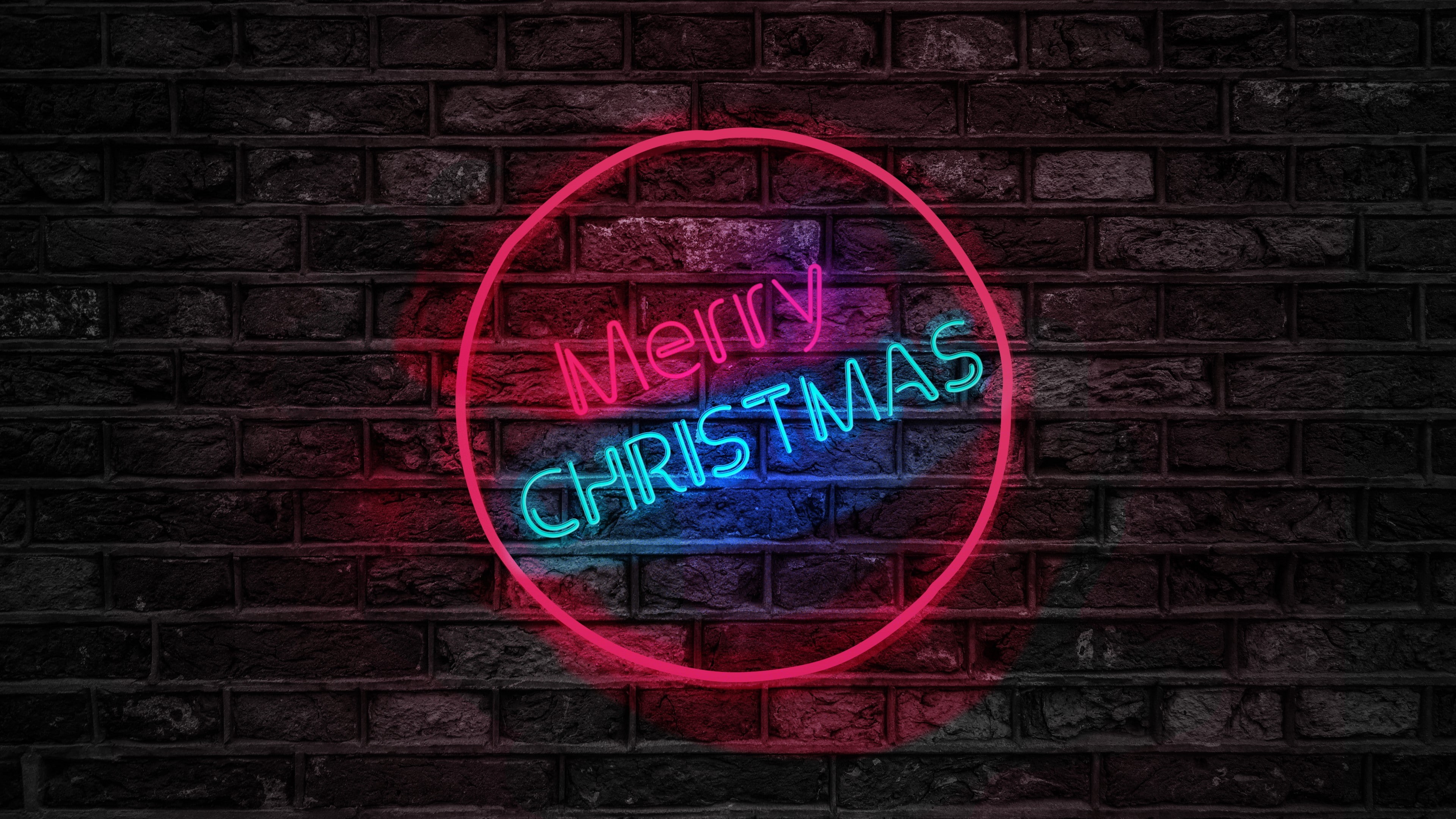 christmas, darkness, text, neon sign, brickwall, brick, light, wall, neon, 4K, night, merry christmas, HD Wallpaper