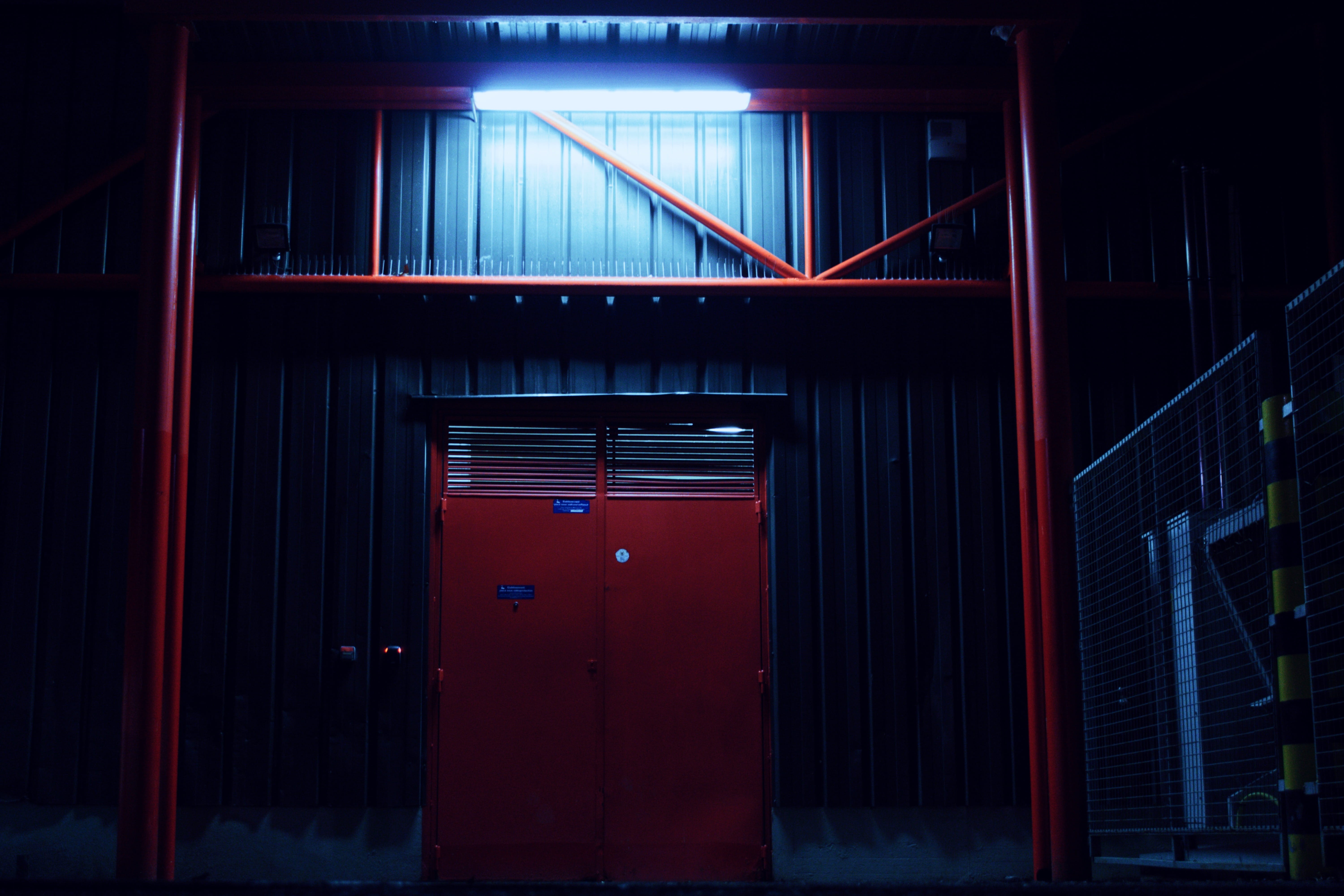 door, lighting equipment, indoors, blue, theater, illuminated, building, building exterior, security, industrial, hall, night, room, entrance, close, steel, HD Wallpaper