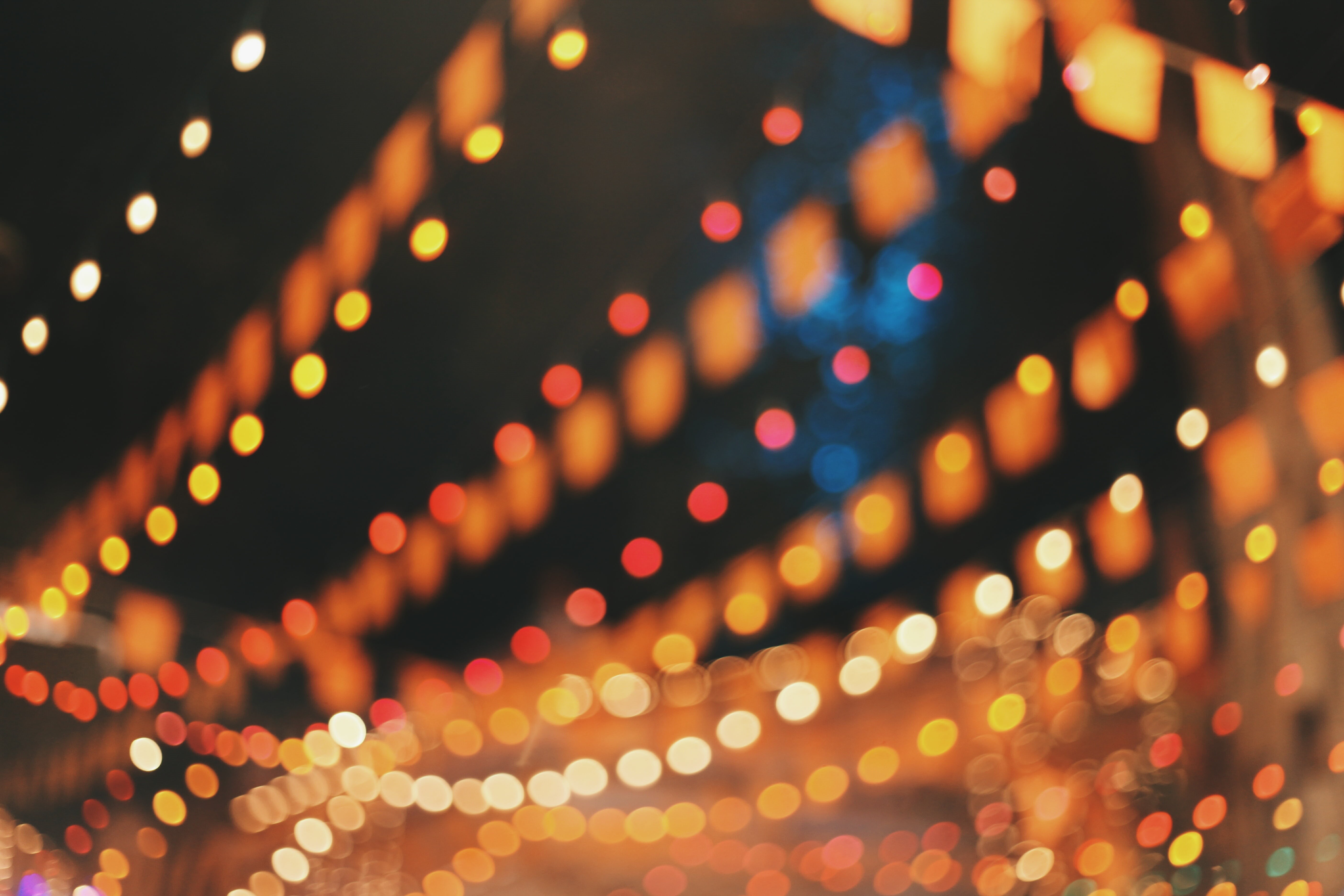 blurred, shape, 5K, festive, lights, vibrant color, glow, no people, illuminated, multi colored, blur, holiday, bokeh, indoors, light bulb, defocused, HD Wallpaper