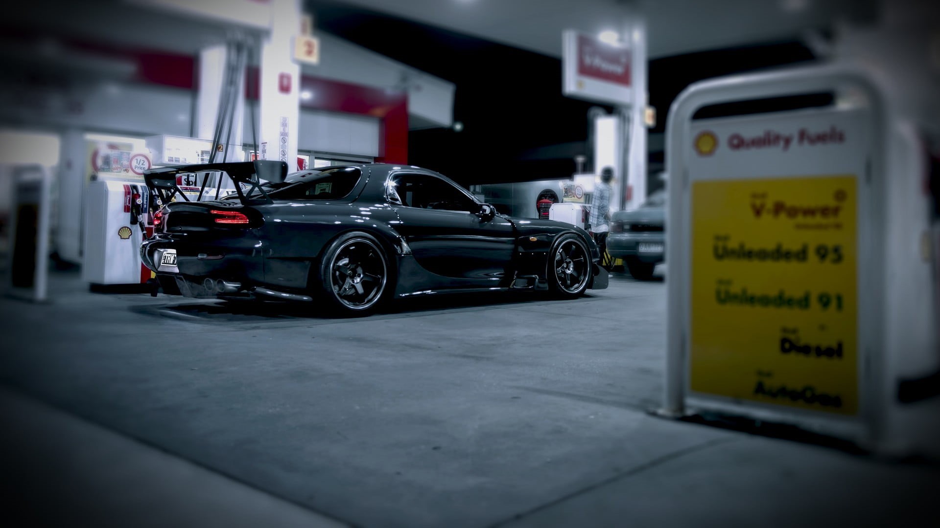 city, sign, warning sign, garage, communication, industry, fuel and power generation, indoors, retail, Mazda RX-7, land vehicle, security, car, architecture, HD Wallpaper