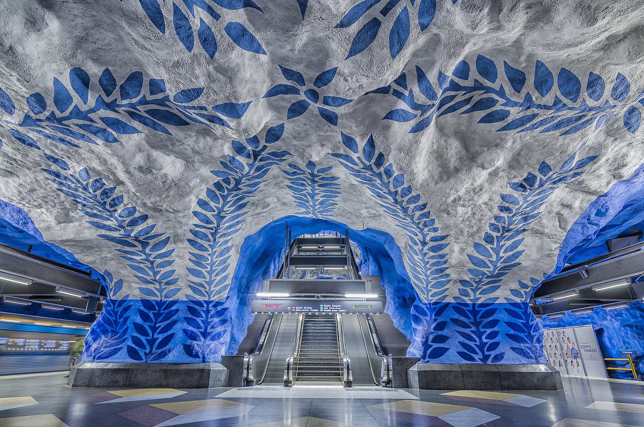 mode of transportation, pattern, tunnel, 500px, modern, ceiling, indoors, subway station, Stockholm, 1080P, transportation, blue, no people, architecture, HD Wallpaper