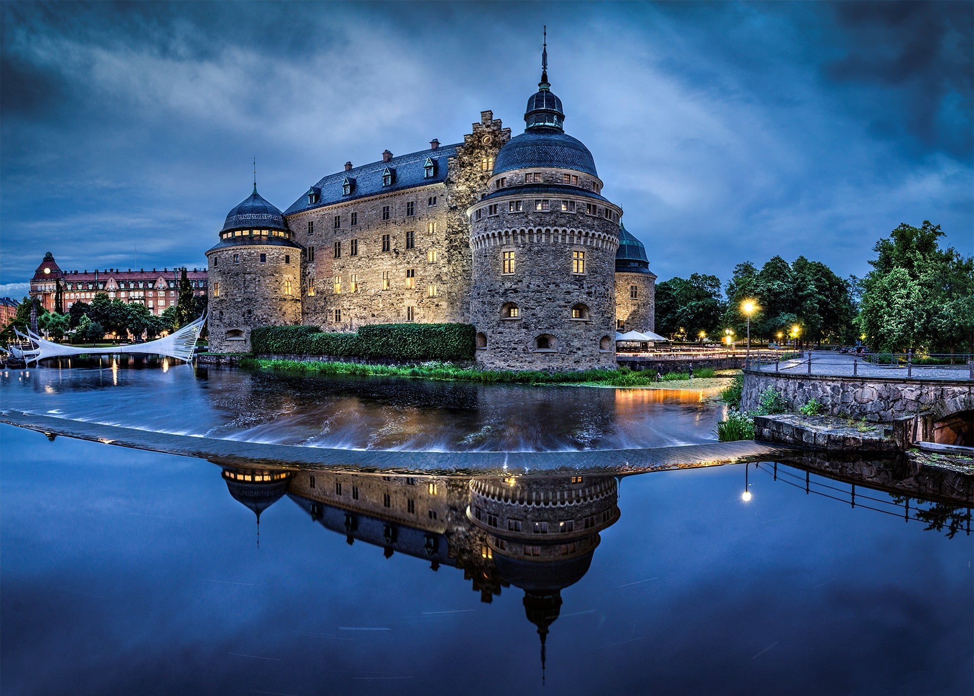 evening, lighting, reflection, Örebro slott, 1080P, river, orebro, Sweden, sky, castle, Sweden Orebro, water, architecture, Sverige, HD Wallpaper