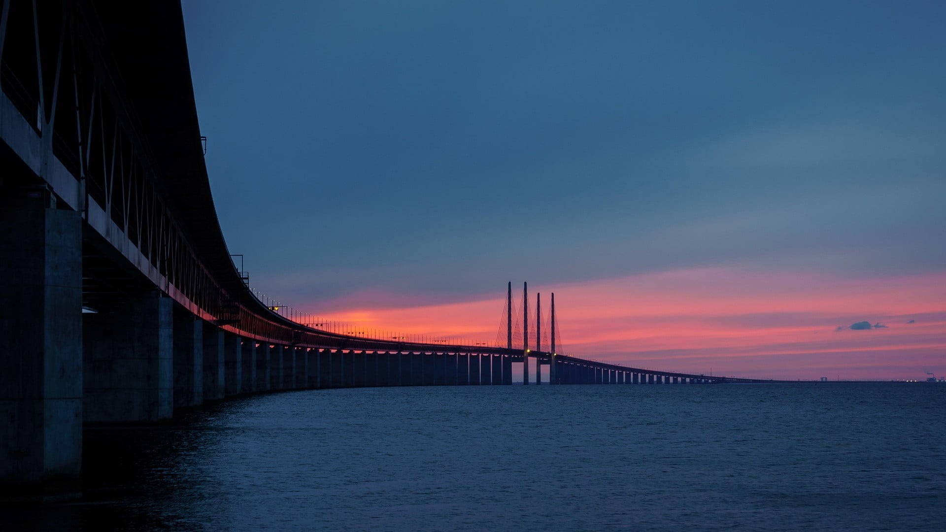 travel destinations, body, water, no people, outdoors, landscape, built structure, Sweden, sky, road, architecture, cloud - sky, bridge, clouds, suspension bridge, HD Wallpaper