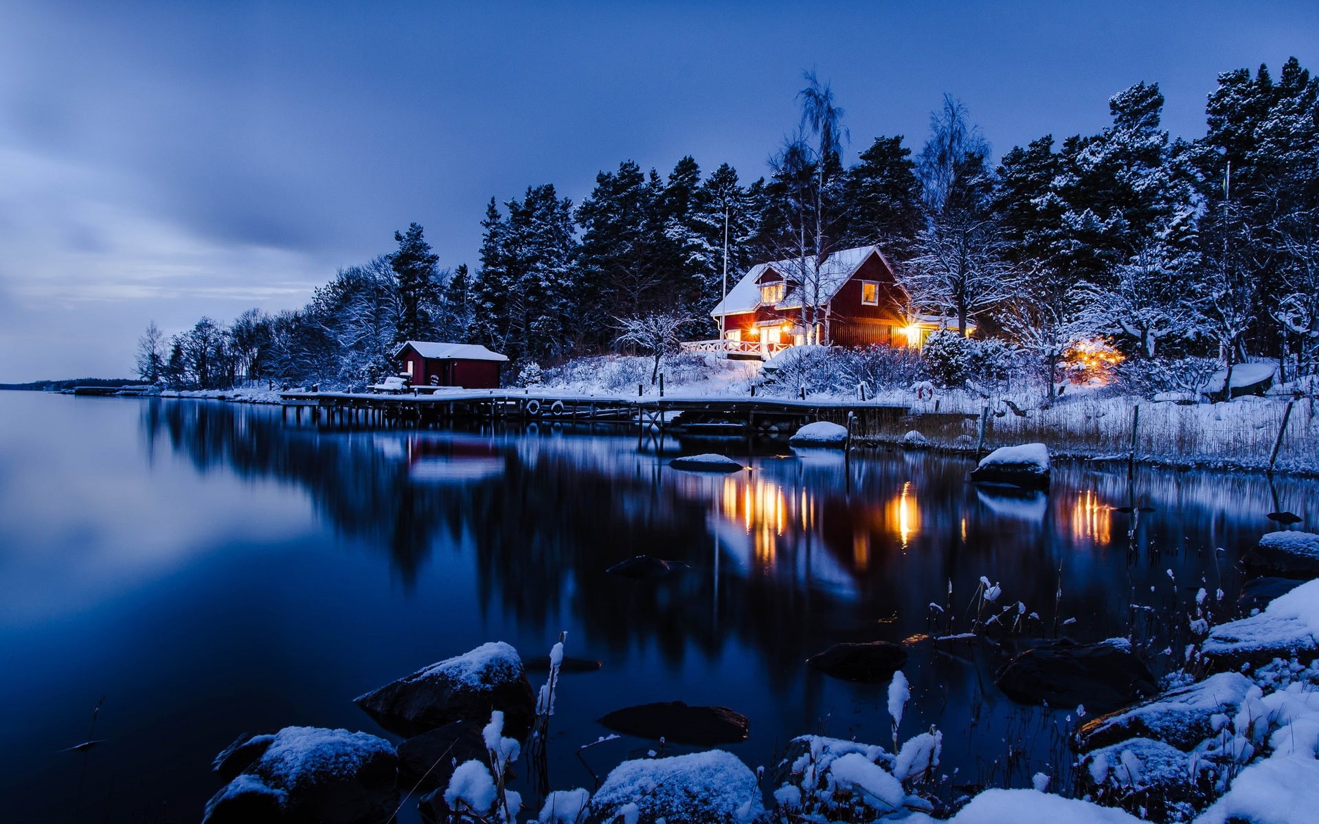 Blue, Winter, Sweden, Houses, Style, Woods, Stockholm, Snow, Landscape, Lake, 1080P, HD Wallpaper