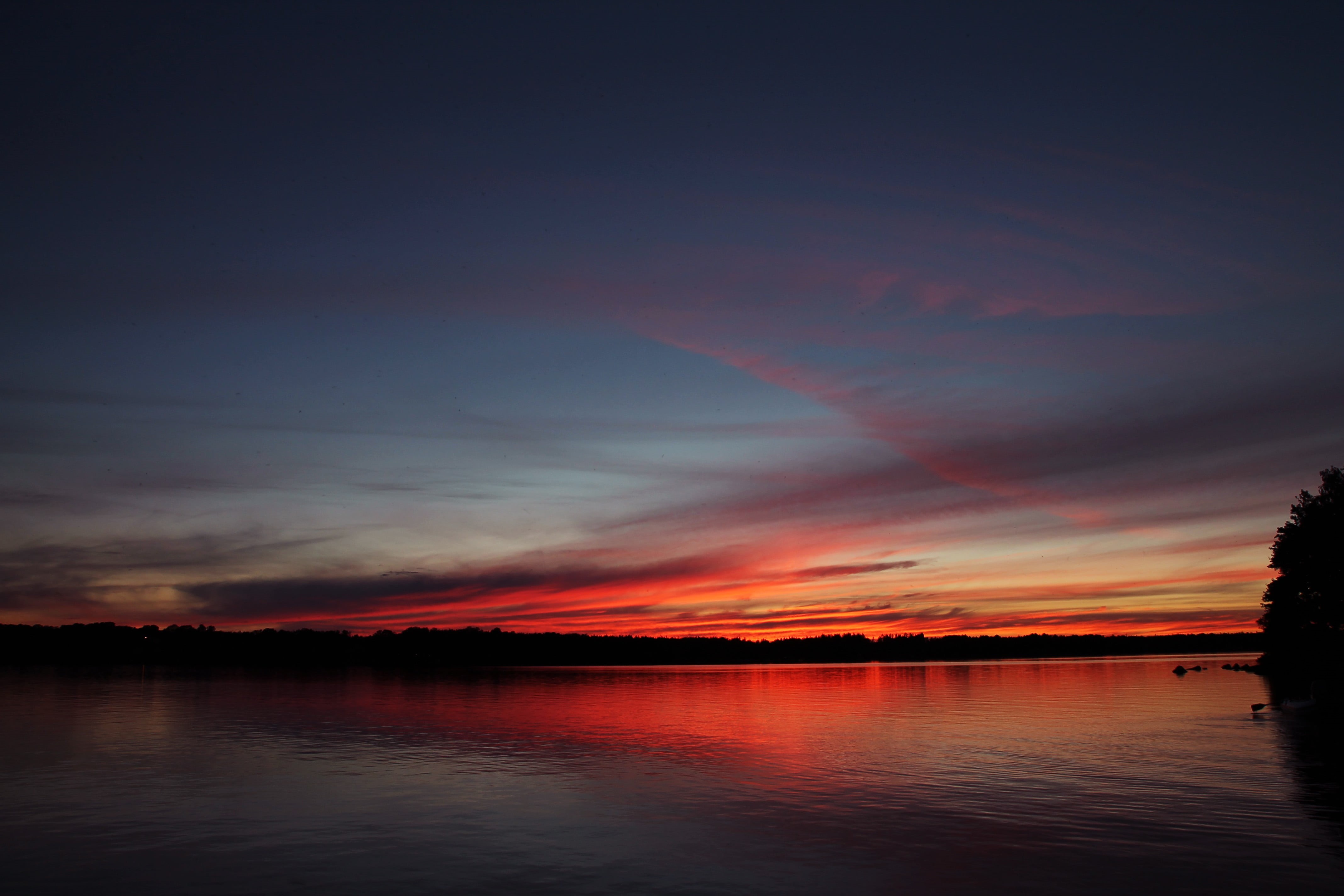 blue, landscape, sunset, waterfront, orange color, water, romantic sky, Sweden, silhouette, cloud - sky, lake, body, reflection, tranquil scene, no people, HD Wallpaper