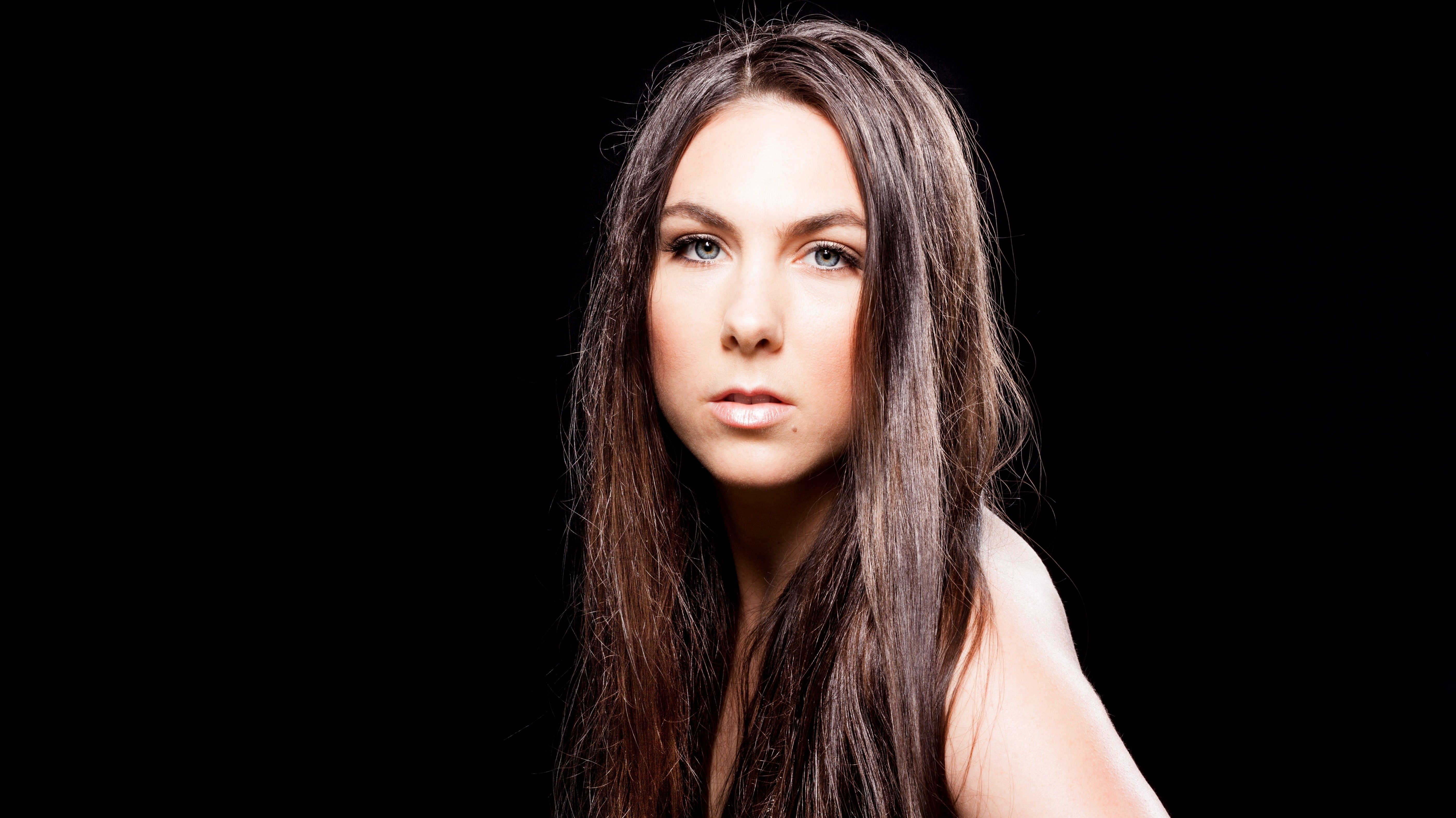headshot, human hair, 5K, teenager, contemplation, metalheads, beauty, adolescence, black background, singer, Swedish, one person, human body part, celebrity, HD Wallpaper