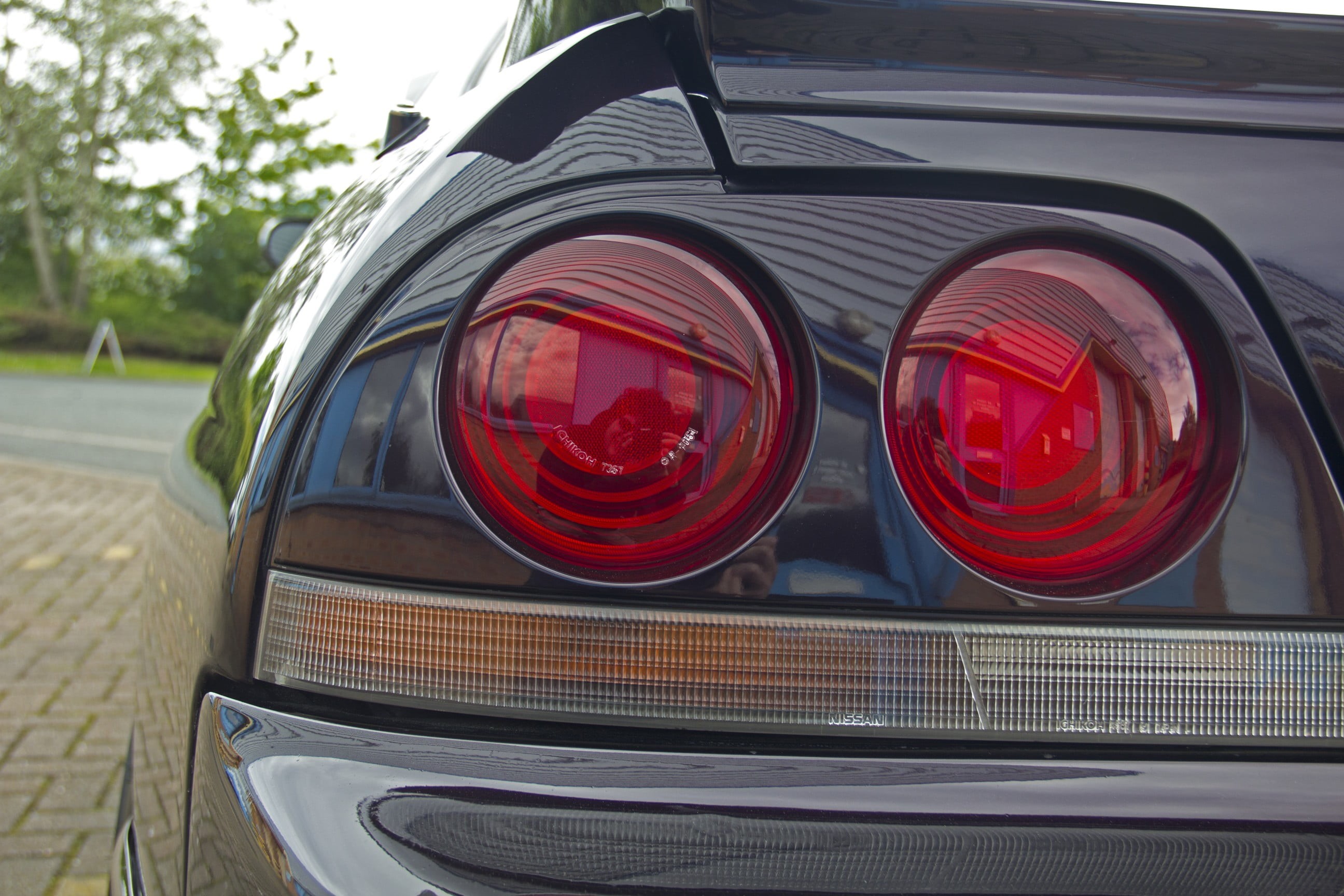 retro styled, outdoors, city, car, land vehicle, no people, chrome, motor vehicle, red, Nissan Skyline GT-R R33, close-up, glass - material, day, focus on foreground, HD Wallpaper