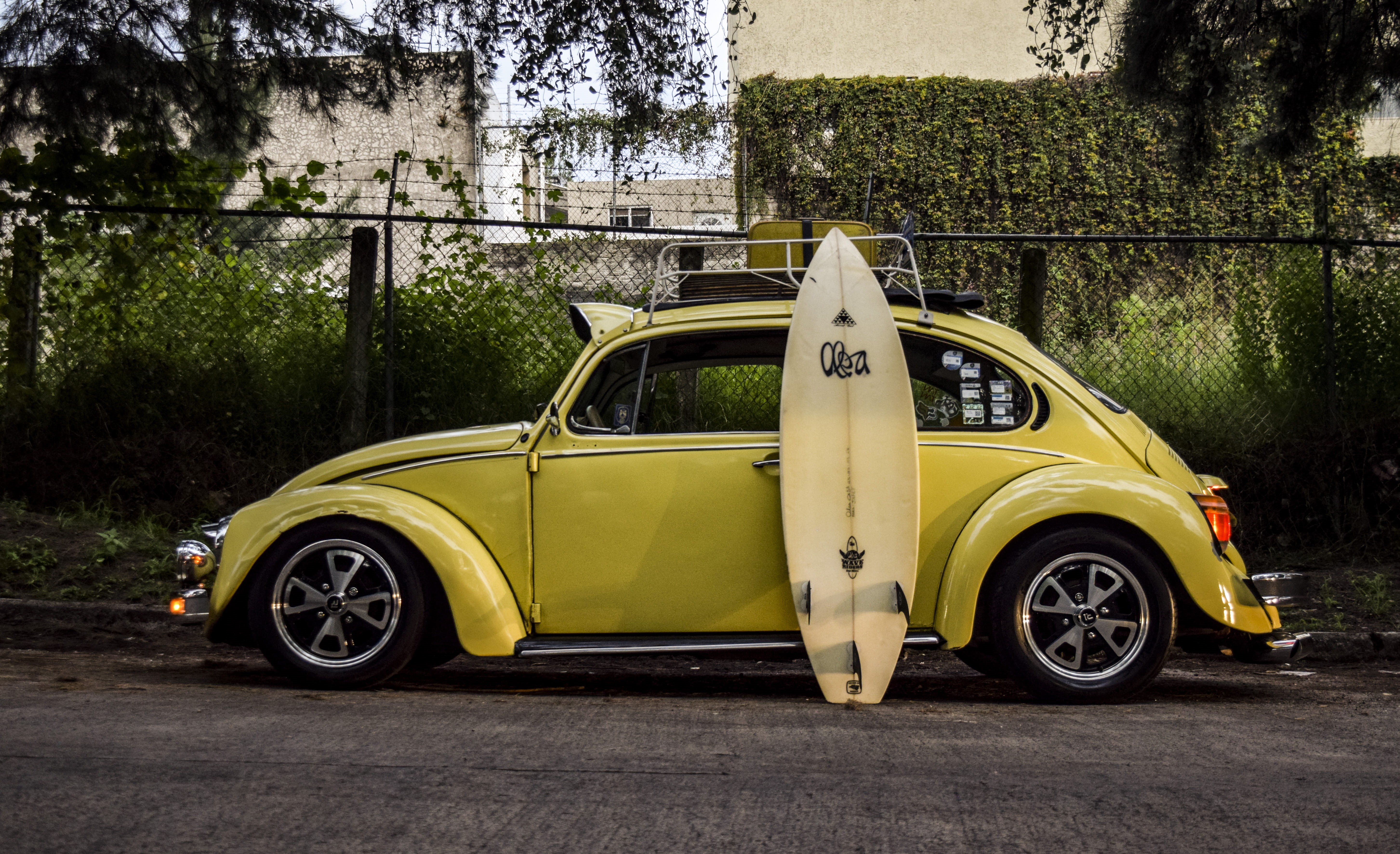 leaning, sea, 5K, machine, vintage car, ocean, sports, retro styled, surfboard, sport, spoke, automobile, mode of transportation, outdoors, tire, road, HD Wallpaper