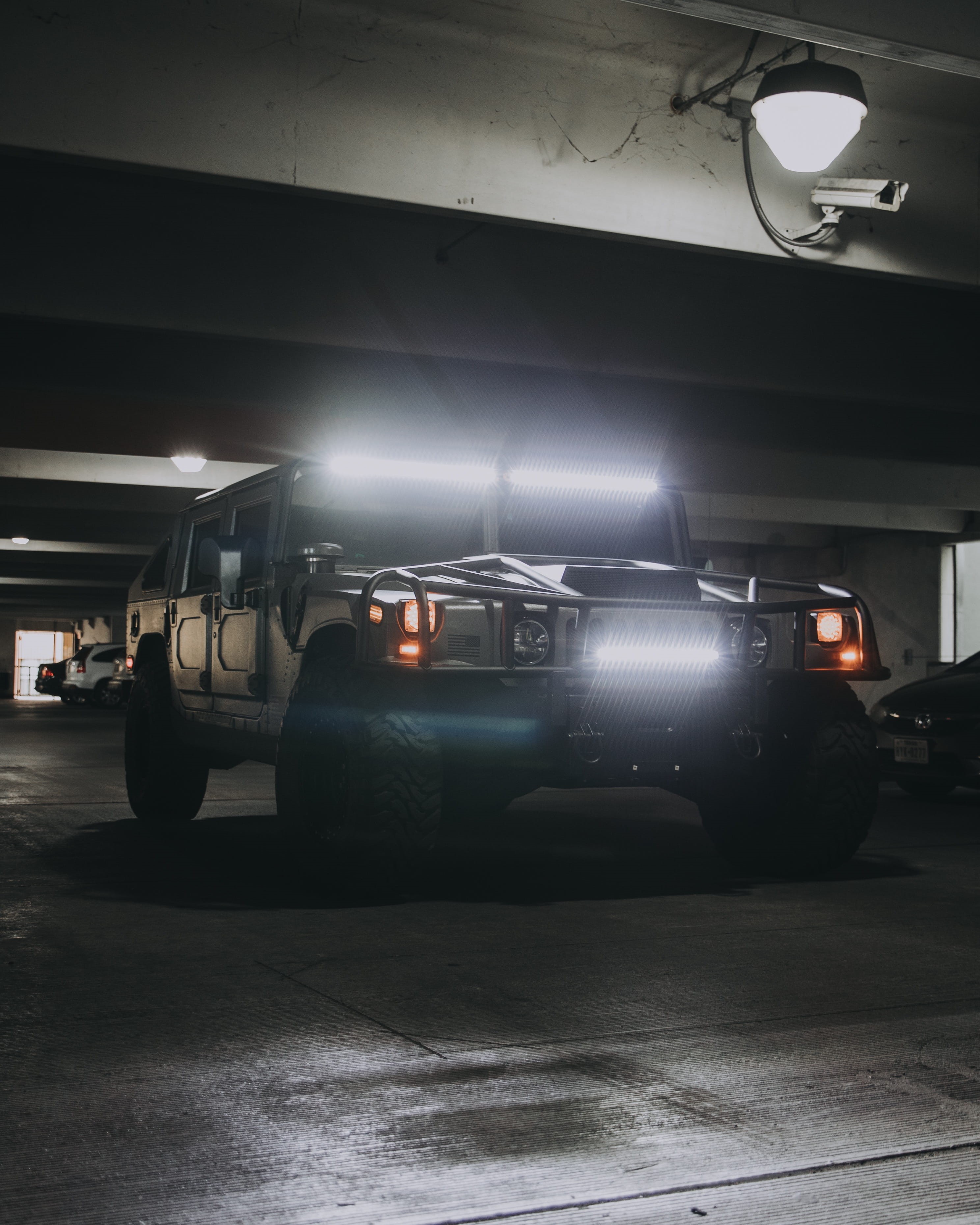 garage, motor vehicle, headlight, no people, transportation, light, gray, concrete, ceiling, pavement, wheel, suv, badass, night, alloy wheel, land vehicle, Phone HD Wallpaper
