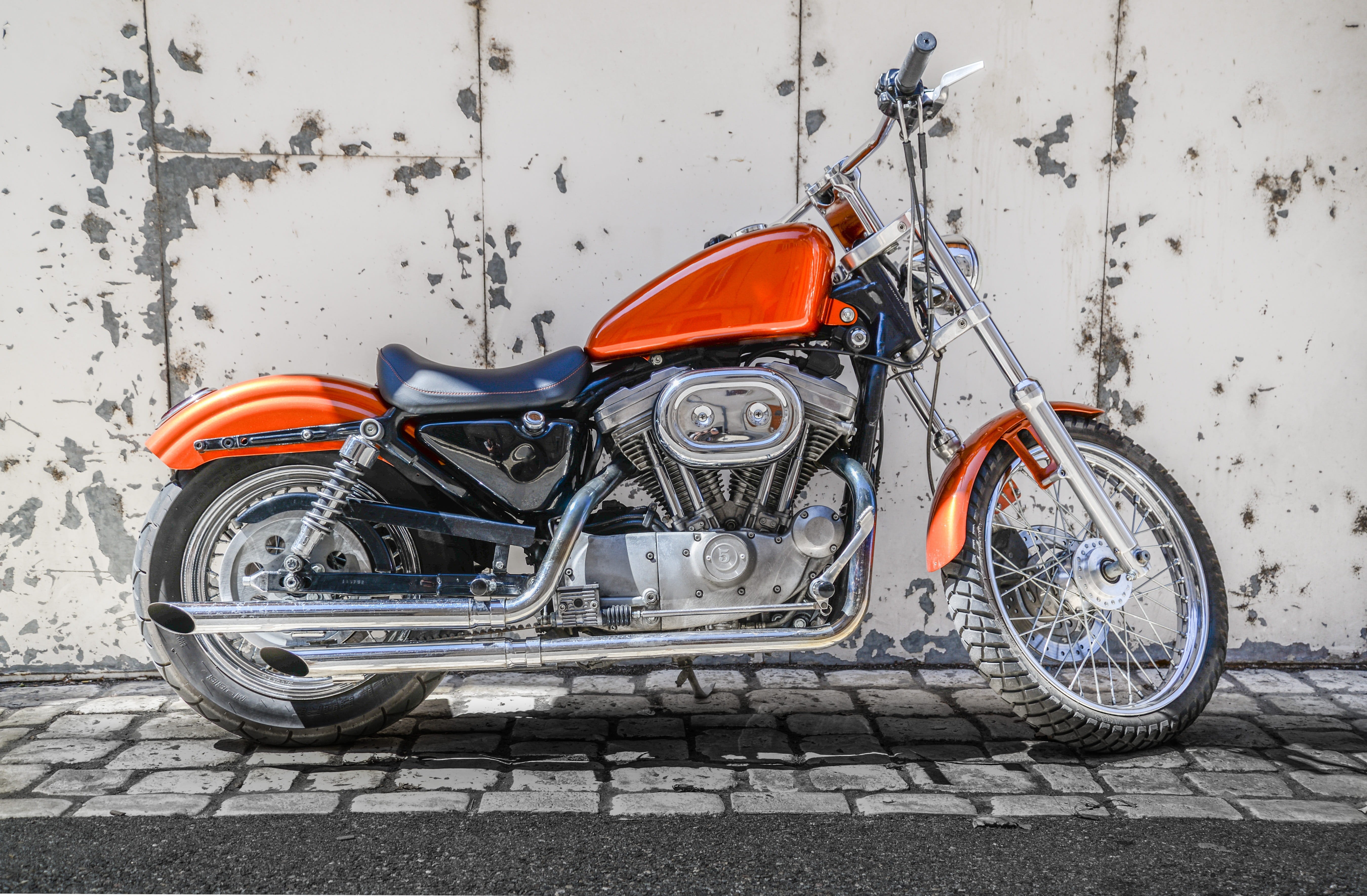 parked, vehicle, classic, paving stone, transport, red, near, wall, bicycle, footpath, stationary, 5K, street, cobblestone, motorbike, land vehicle, city, HD Wallpaper