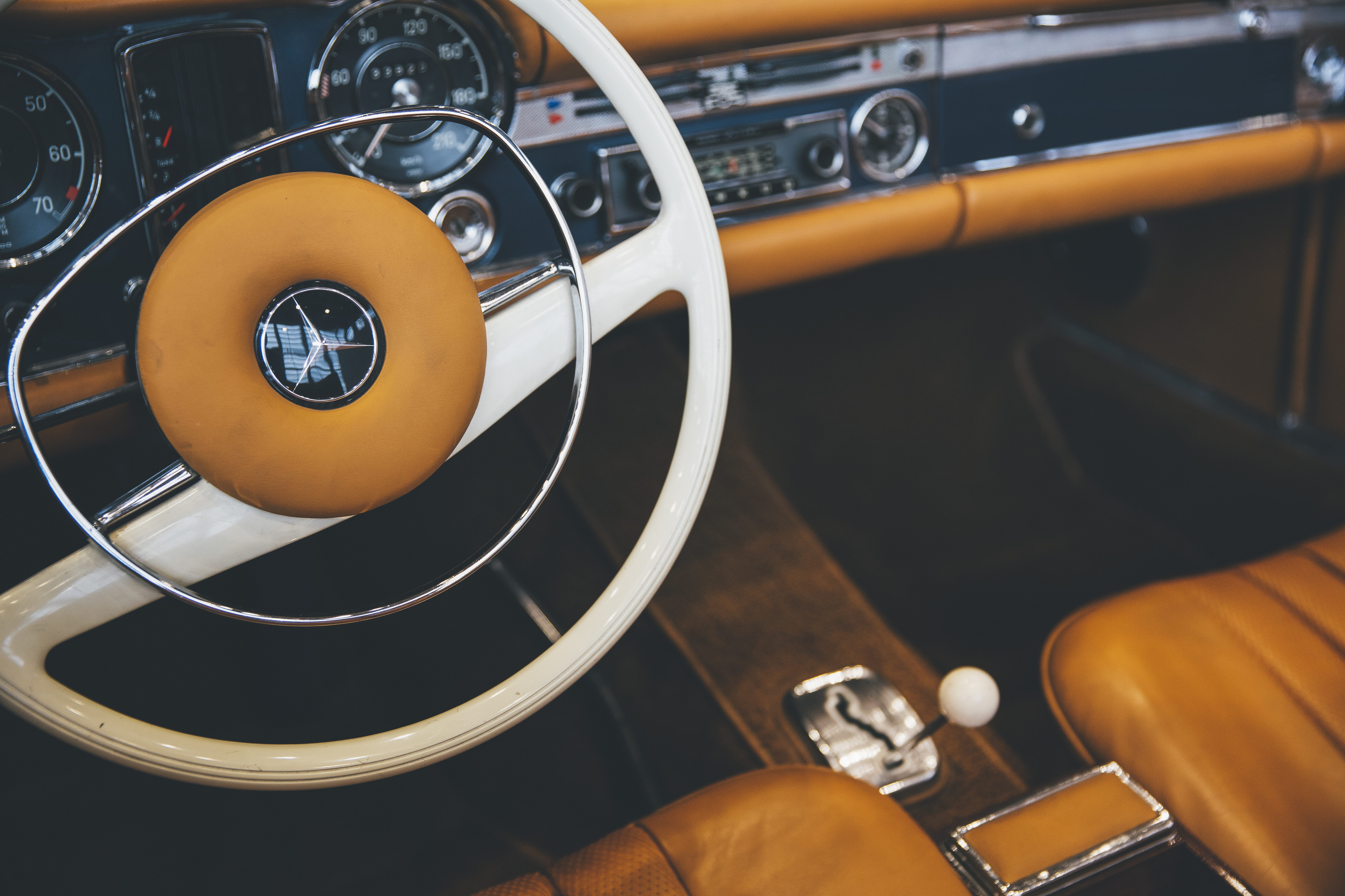 transportation, mercedes-benz, land vehicle, luxury, close-up, steering, history, high angle view, the past, retro, wealth, indoors, classic, mode of transportation, HD Wallpaper