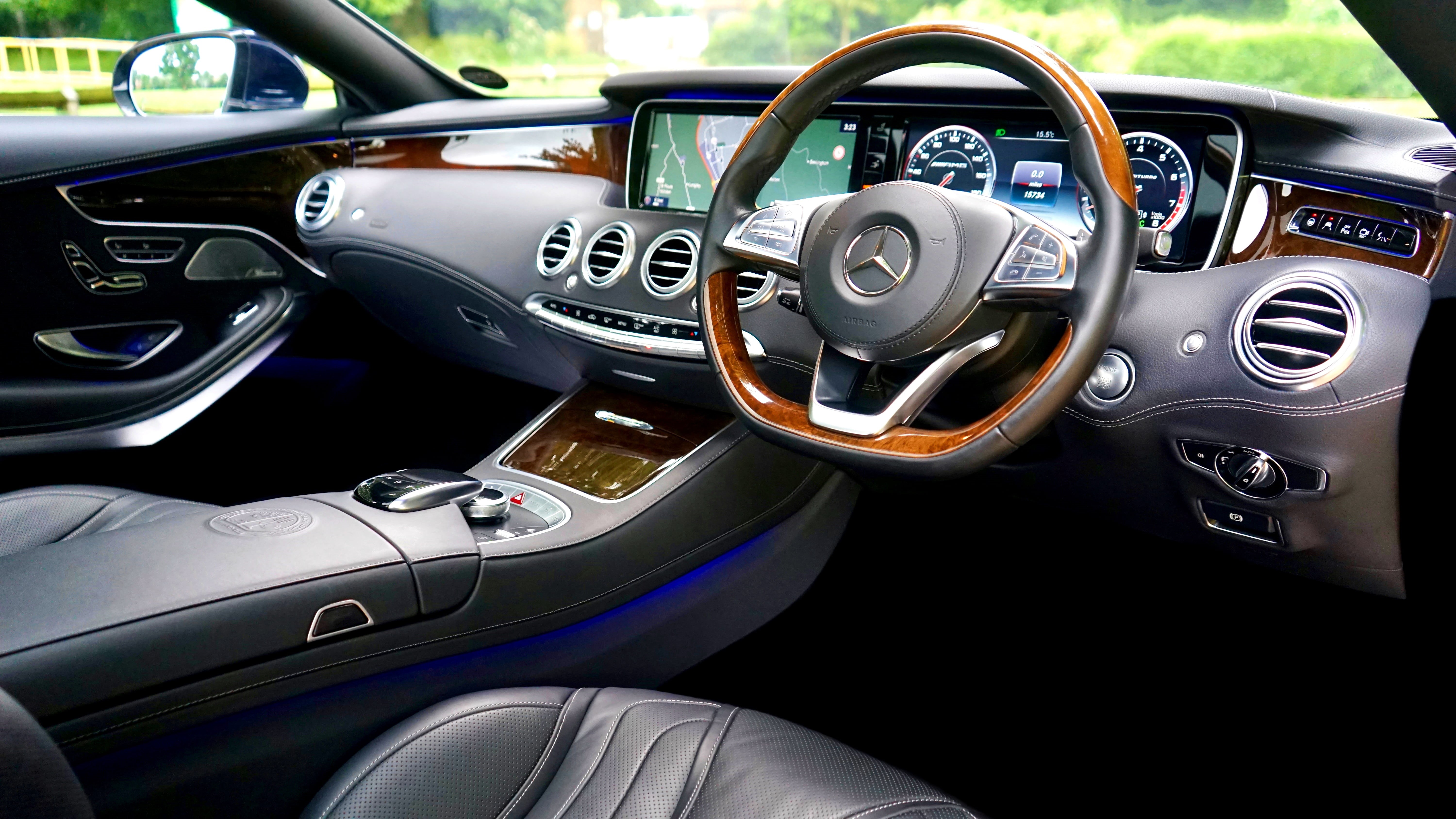 leather, driving, gearshift, equipment, personal land vehicle, black, steering wheel, luxury, mercedes, brown, control, transport, land vehicle, vehicle interior, HD Wallpaper