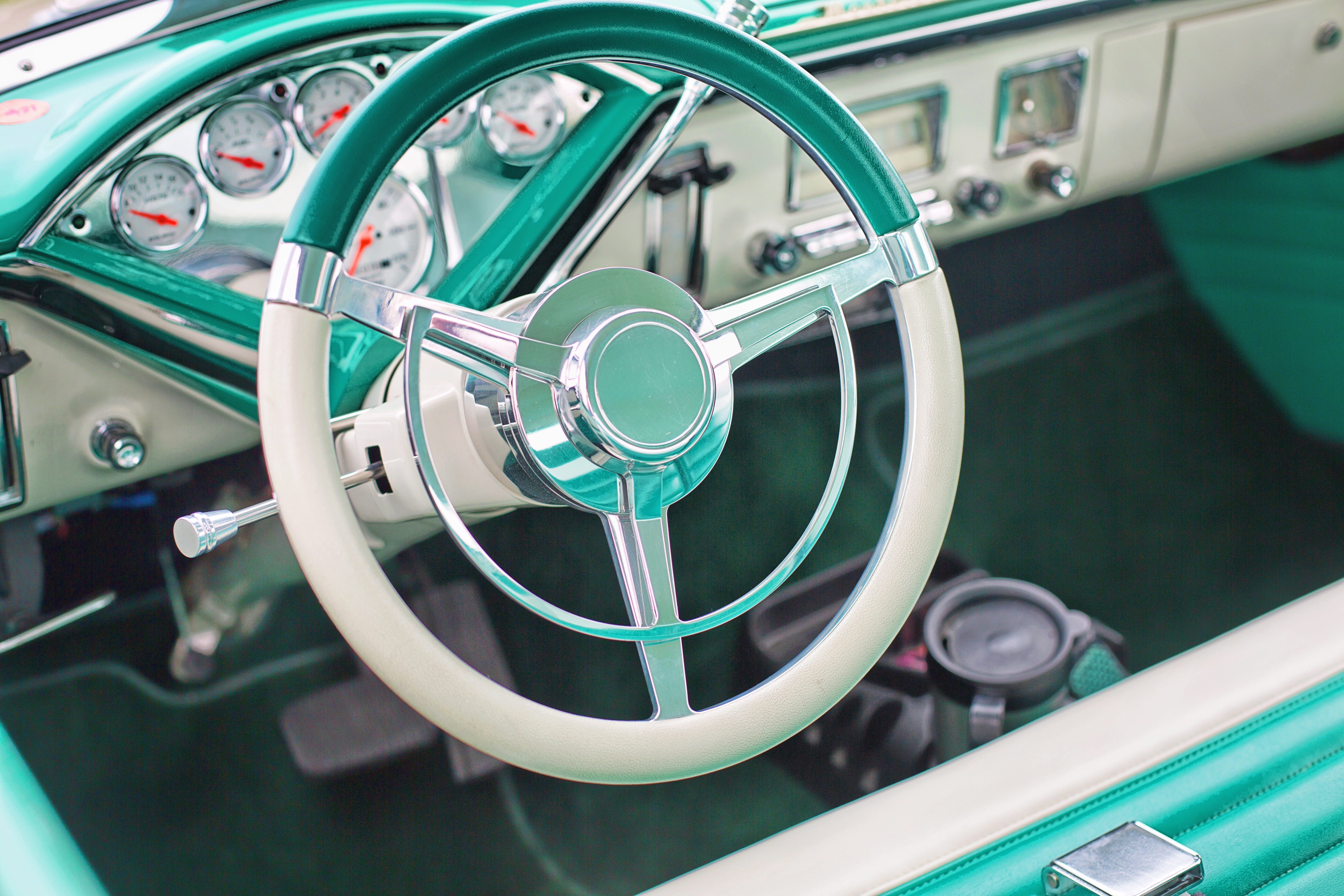 5K, retro styled, equipment, motor vehicle, land vehicle, white, circle, alloy, classic, car, indoors, transportation, vintage car, turquoise, machinery, HD Wallpaper