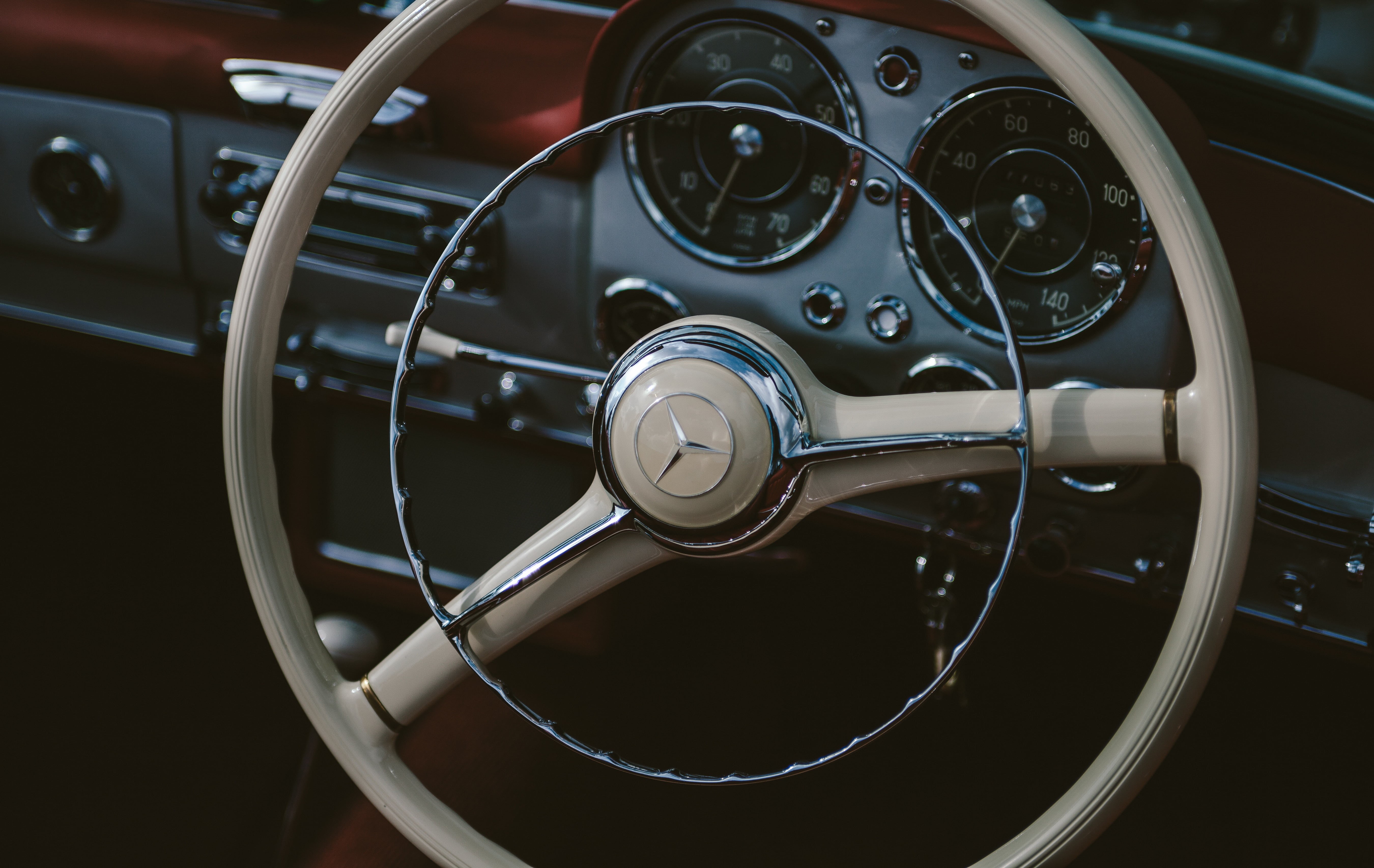 5K, control, speedometer, benz, vehicle interior, close-up, photo, gray, luxury, vintage car, engine, control panel, chrome, car interior, silver colored, HD Wallpaper