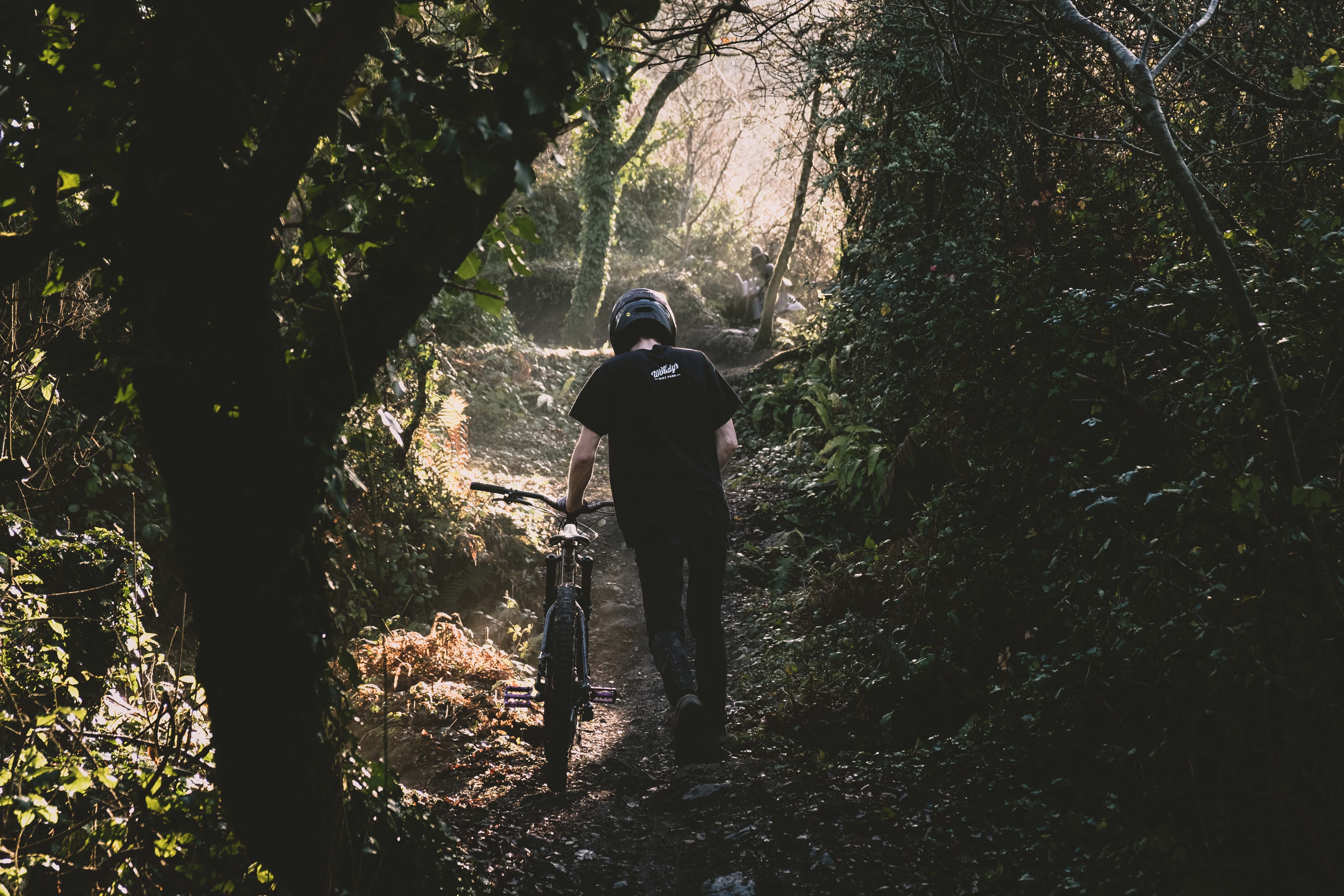 standing, one person, bicycle, forest, beauty in nature, transportation, mtb, cornwall, men, sport, day, 5K, sun, holding, tree cover, man, land, woodland, HD Wallpaper