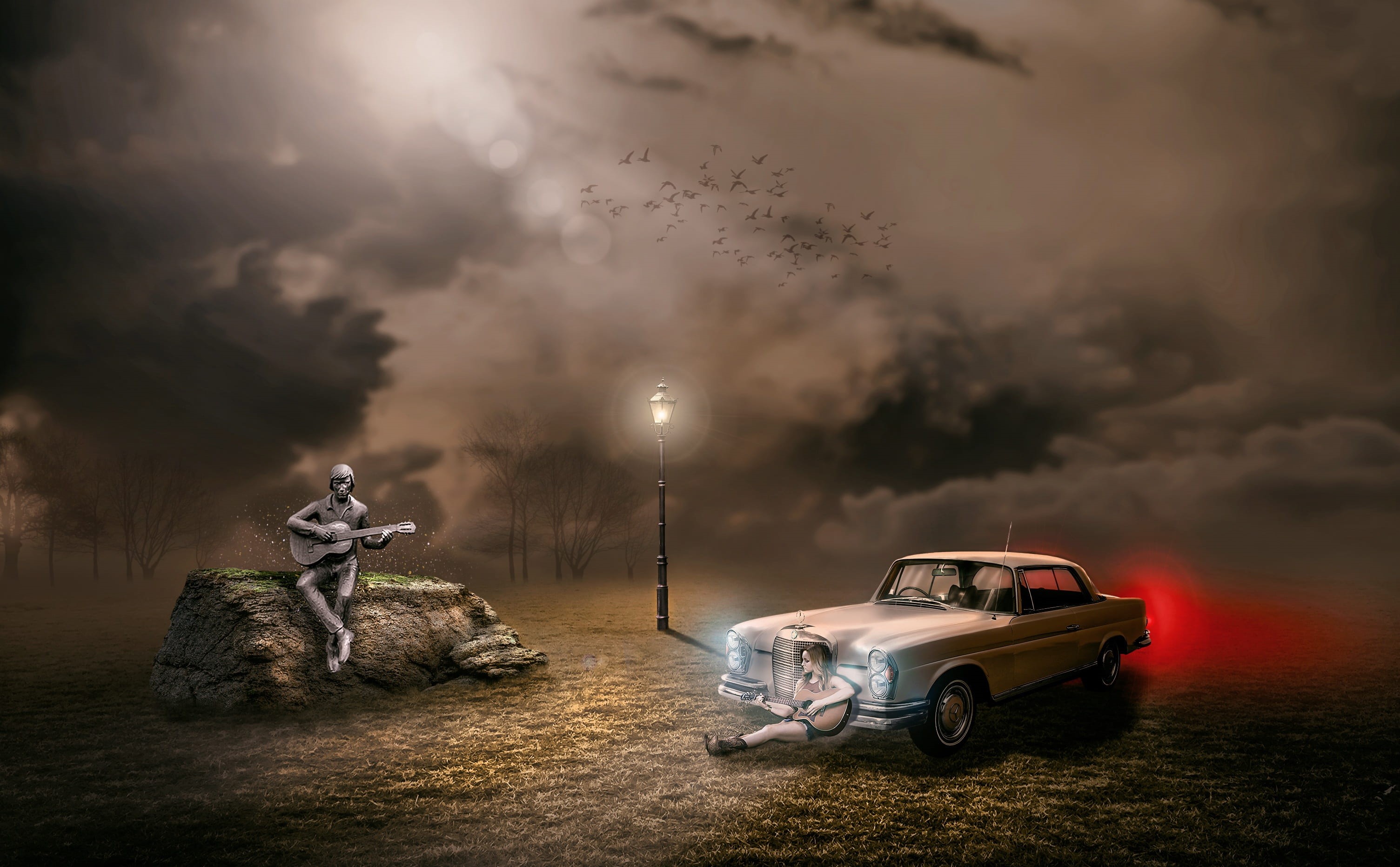 girl, car lights, motor vehicle, grass, ominous, near, guitar, transportation, park, lamp post, light, night, cloud - sky, mercedes, trees, twilight, mode of transportation, HD Wallpaper