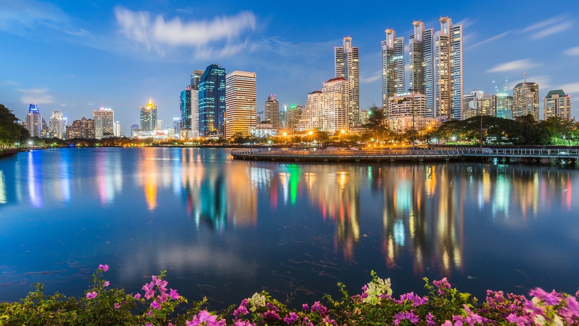 cityscape, architecture, Bangkok, urban skyline, landscape, building, outdoors, 1080P, city, waterfront, tall - high, water, skyscraper, cloud - sky, sky, HD Wallpaper