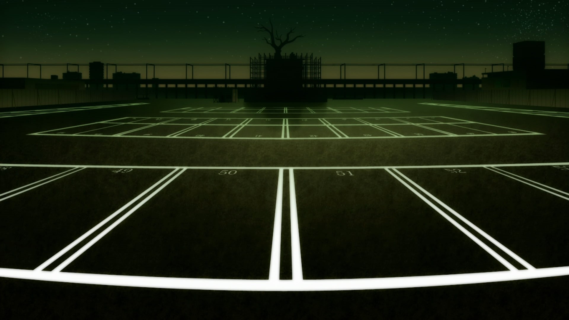 1080P, Monogatari Series, sport, tree, stadium, built structure, grass, outdoors, night, nature, empty, absence, court, sky, dusk, anime, plant, building exterior, HD Wallpaper