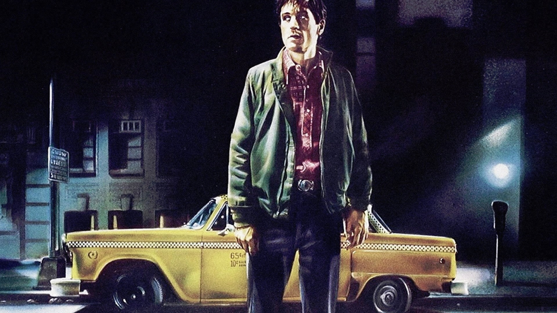 Robert De Niro, outdoors, mode of transportation, standing, land vehicle, city, illuminated, street, 1080P, night, car, Taxi Driver, art and craft, transportation, HD Wallpaper