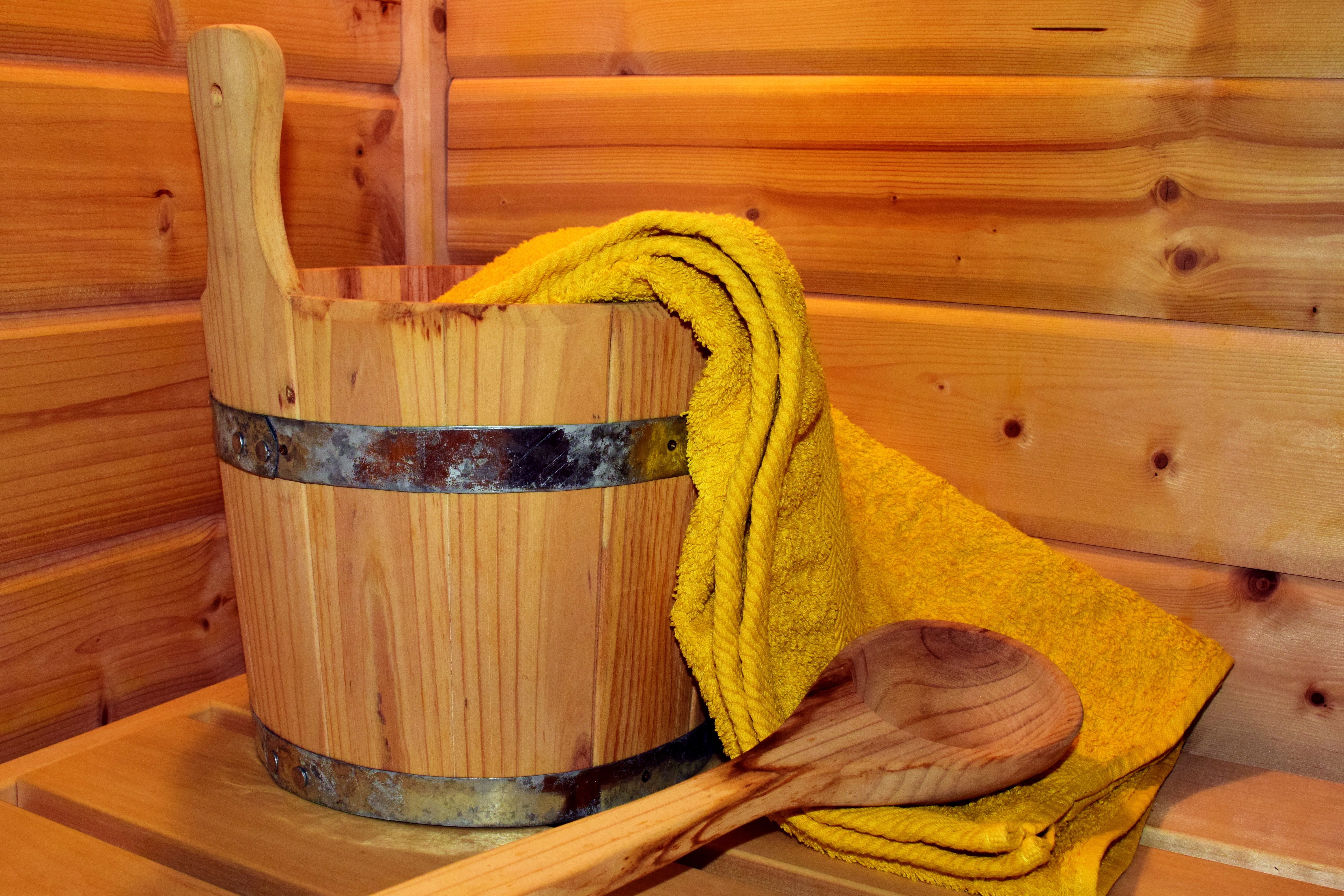bucket, indoors, spa, still life, winter, wooden, wood, wood sauna, food and drink, home interior, clean, wood bucket, nature, brown, sauna session, towel, HD Wallpaper