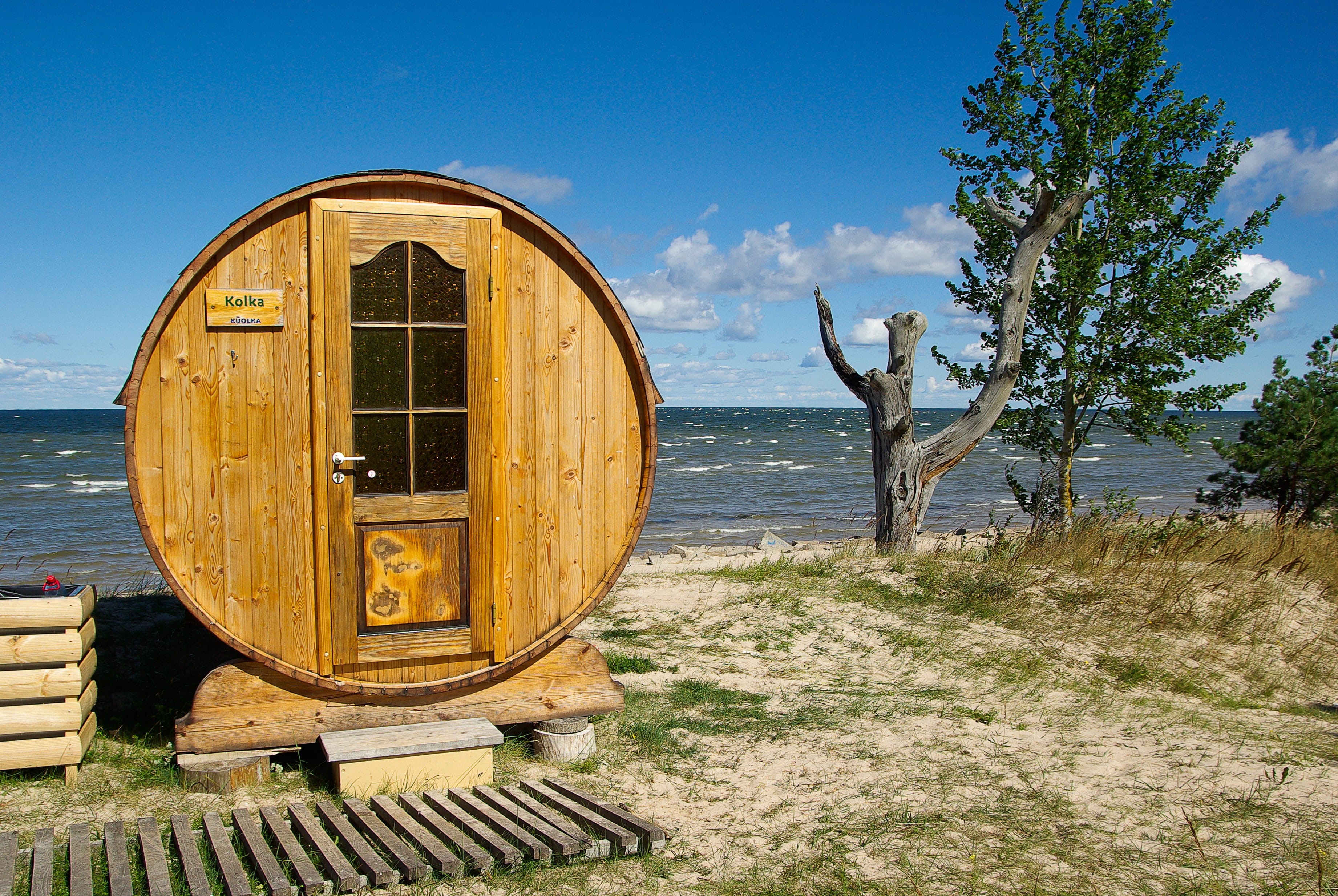 Latvia, near, body, plant, Sauna, beauty in nature, tree, round, day, wooden, brown, sunlight, mode of transportation, sea, Baltic, adults only, sky, transportation, HD Wallpaper