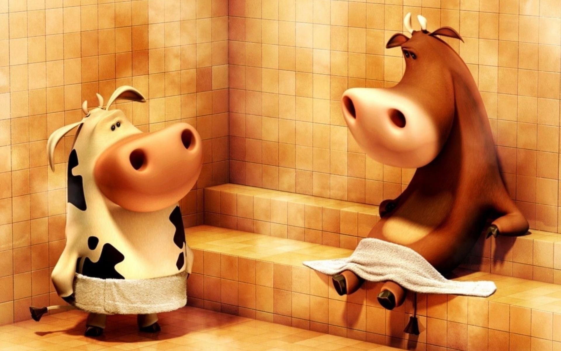 CGI, 3D, Humor, Sauna, Cow, 1080P, Animal, HD Wallpaper